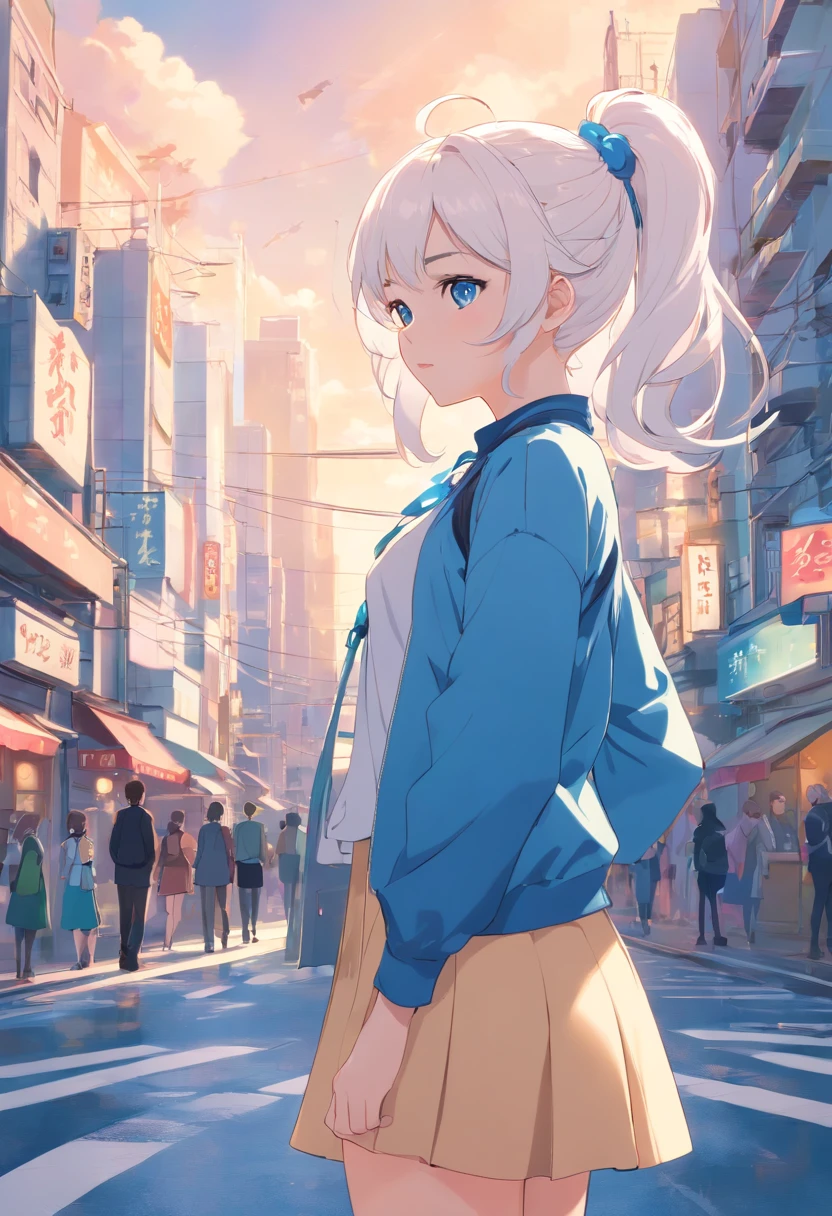 white color hair,Double ponytail curls,blue color eyes,White Lolita,Beth,A bustling city street