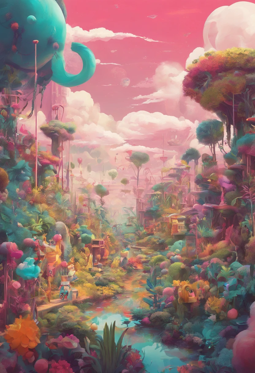 Chaotic pop landscape with wallpaper and toys and plastic plants. Models wearing weird fashion.