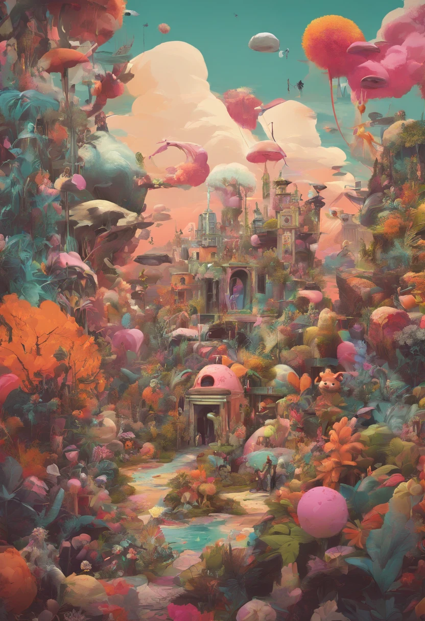 Chaotic pop landscape with wallpaper and toys and plastic plants. Models wearing weird fashion.