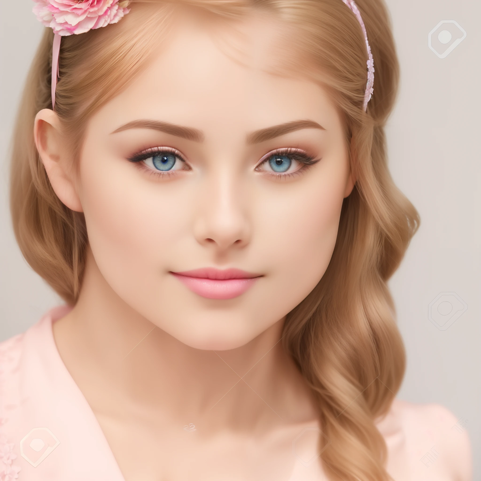 close up of a woman with a pink flower in her hair, beautiful 21 year old girl, attractive young girl, very beautiful girl, beautiful portrait image, beautiful attractive model, beautiful girl model, beautiful sexy, beautiful attractive face blue eyes, blond hair, sensible, detailed, photorealistic , hyperrealistic, real life, 8K