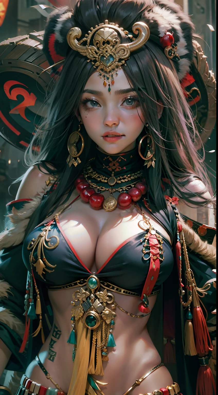 Beautiful woman in witch doctor costume，cropped shoulders，Bigchest