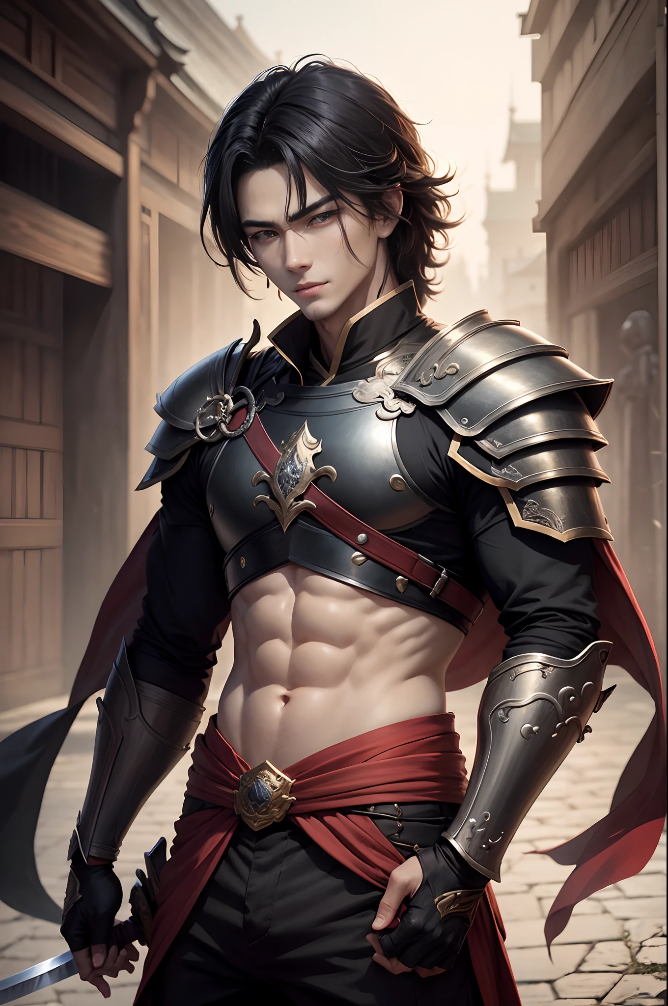 8K,Photorealsitic　Raw photography　top-quality;1.4) 　(1 Juvenile Attendant)　Super handsome use　(Lifelike face)　Shonen Demon Slayer　Black and red combat uniform　Black pants　Leggers Armor　Beautiful expression　超A high resolution　A smile　accurate detail　real looking skin　Equip a sword at the waist　In sword and armor in a city setting by Jan J, Handsome Boy in Demon Slayer Art, G Liulian art style, chengwei pan on artstation, yangjun chen, Zhao Yun, Inspired by Zhang Senyao, by Leng Mei, by Victor Wang, xianxia hero, by Zhou Fang, by Yang Jin