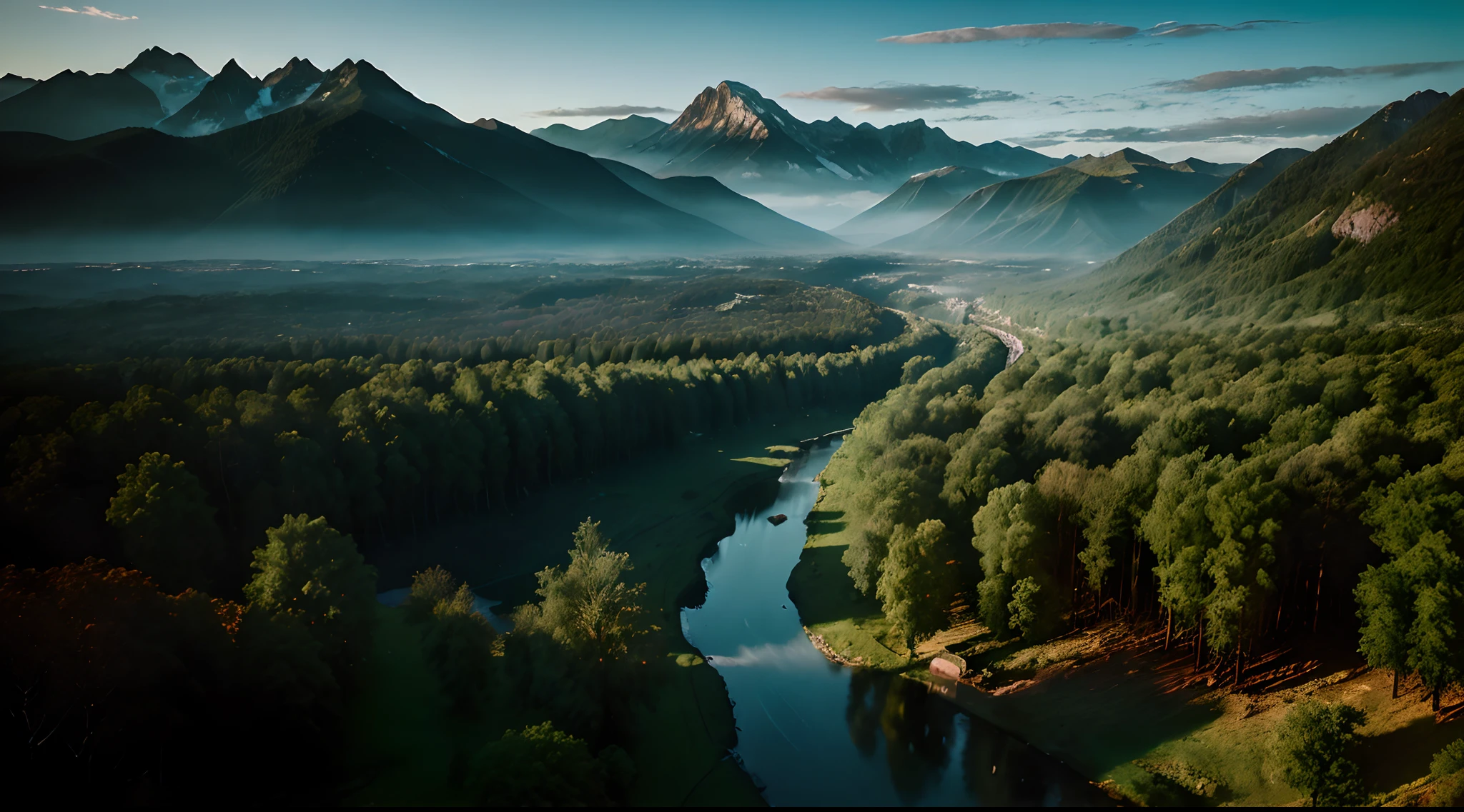 ((realistic, gloomy, high detail, volumetric light)), (forest), ((mountains on the background)), ((view from above)), (photorealistic landscape)
