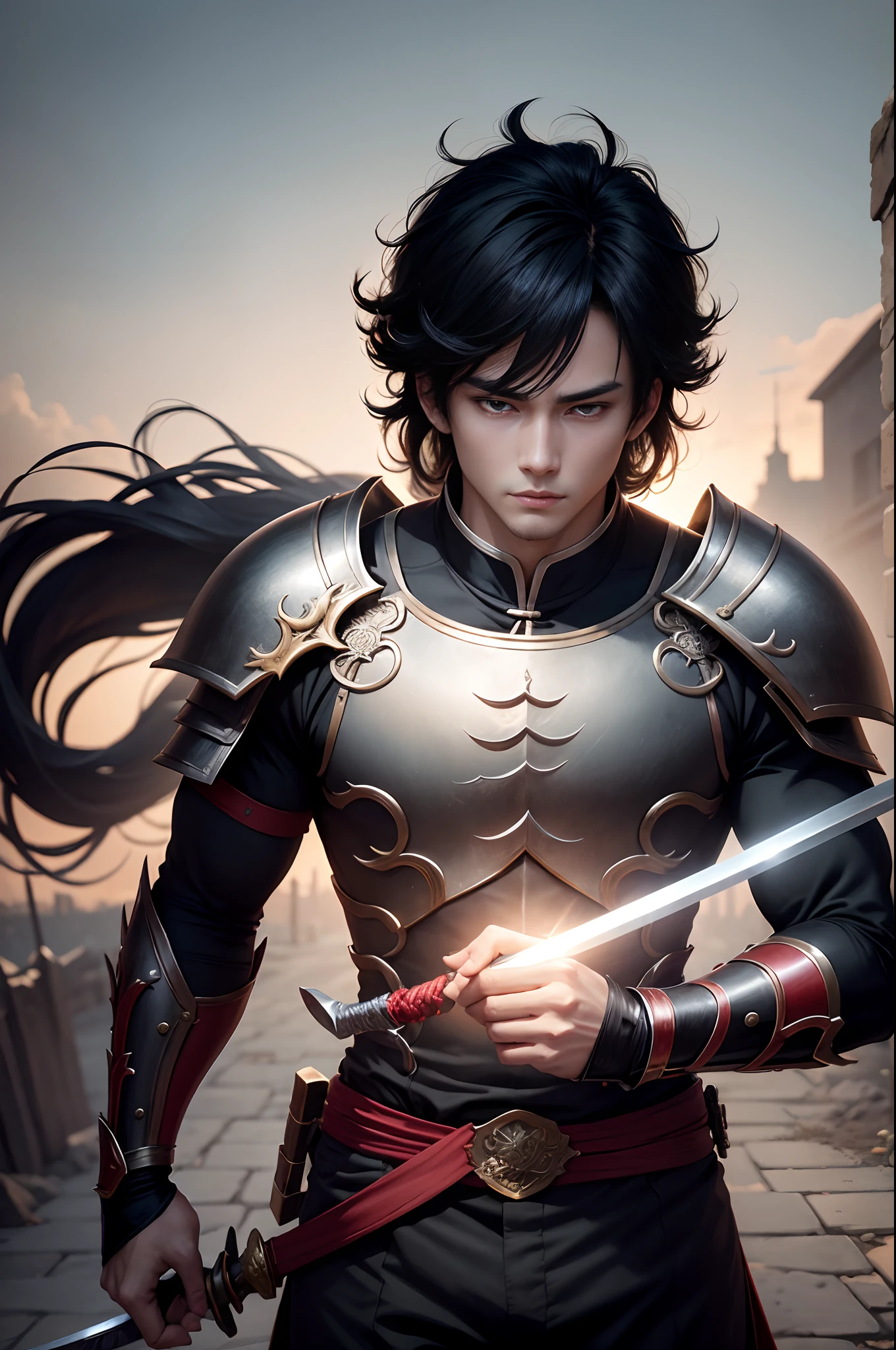 8K,Photorealsitic　Raw photography　top-quality;1.4) 　(1 Juvenile Attendant)　Super handsome use　(Lifelike face)　Shonen Demon Slayer　Black and red combat uniform　Black pants　Leggers Armor　Beautiful expression　超A high resolution　A smile　accurate detail　real looking skin　Equip a sword at the waist　In sword and armor in a city setting by Jan J, Handsome Boy in Demon Slayer Art, G Liulian art style, chengwei pan on artstation, yangjun chen, Zhao Yun, Inspired by Zhang Senyao, by Leng Mei, by Victor Wang, xianxia hero, by Zhou Fang, by Yang Jin