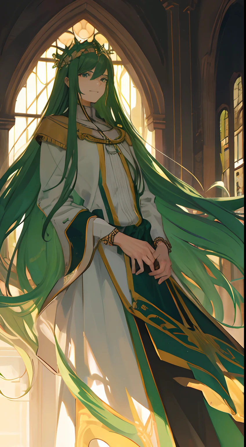 1male people，Green long hair，With a suspicious smile，Beautiful，diadems，Medieval prince