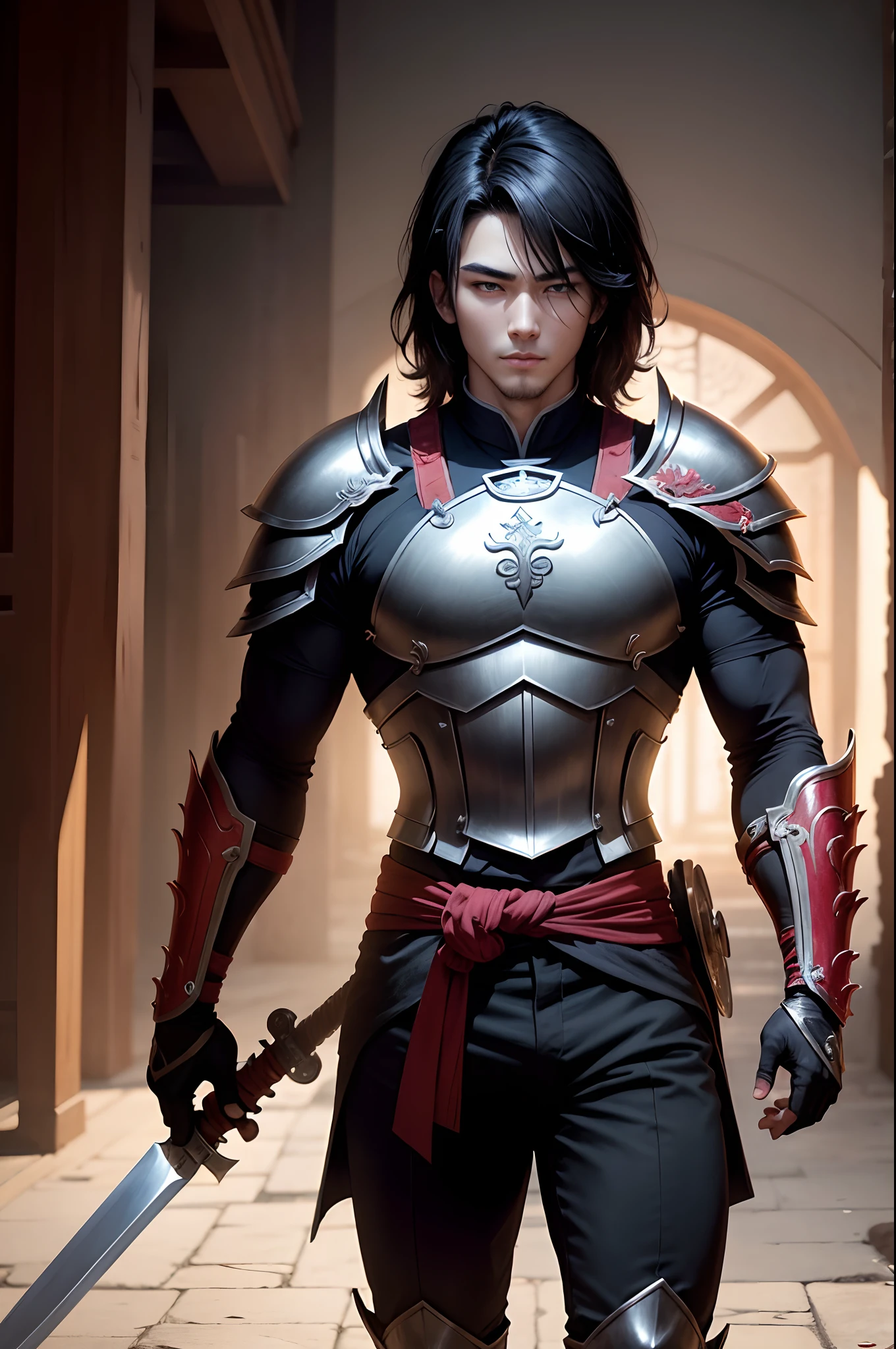 8K,Photorealsitic　Raw photography　top-quality;1.4) 　(1 Juvenile Attendant)　Super handsome use　(Lifelike face)　Shonen Demon Slayer　Black and red combat uniform　Black pants　Leggers Armor　Beautiful expression　超A high resolution　A smile　accurate detail　real looking skin　Equip a sword at the waist　In sword and armor in a city setting by Jan J, Handsome Boy in Demon Slayer Art, G Liulian art style, chengwei pan on artstation, yangjun chen, Zhao Yun, Inspired by Zhang Senyao, by Leng Mei, by Victor Wang, xianxia hero, by Zhou Fang, by Yang Jin