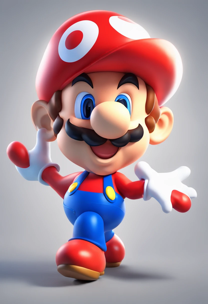 Clown, Conception des personnages, Nintendo Super Mario, (yeux bleus, Chapeau, costume rouge, bretelles bleues, Gants blancs, )Super cute blind box style, Chibi, corps entier, Exaggerated expressions and actions, clean background, Brilliant iridescent reflections, studio lighting, atmospheric lighting, avec une texture exquise, High detail, High resolution, C4D, 3d, Mixeur, 8k, Best quality, ultra high def
