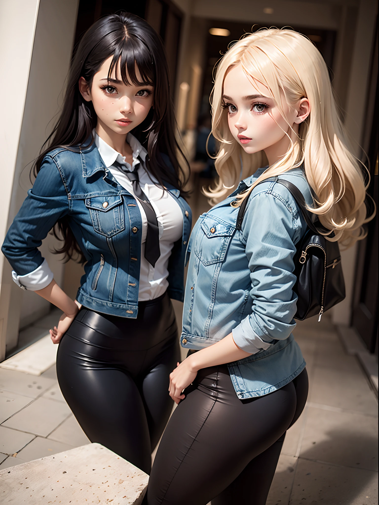 Denim jacket,black colored leggings,cabelos preto e longos,schoolgirls,Upstairs,schools