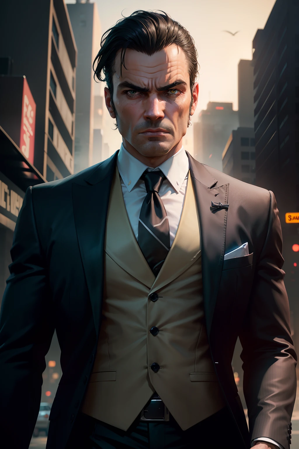 Create a gta 5 Style Image, exuding danger. In the foreground is a character in a formal suit, And the lighting from behind exudes fear.