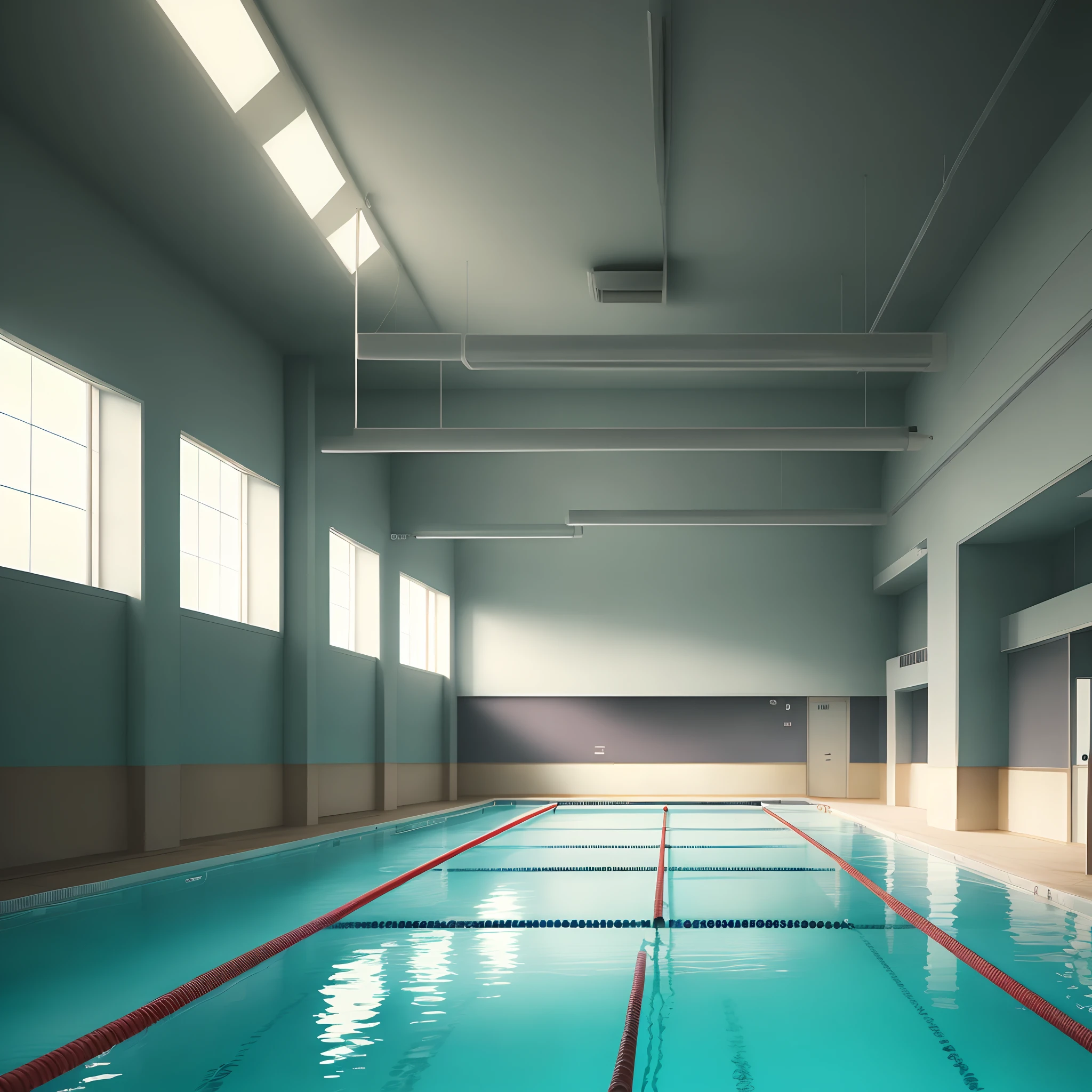 Huge, empty poolrooms, their fluorescent lights buzzing faintly. The sound of echoes in the stillness, the smell of chlorine clinging to the air. A sense of nostalgia for a childhood spent swimming in these waters, mixed with an eerie feeling of being alone in a vast, deserted space.