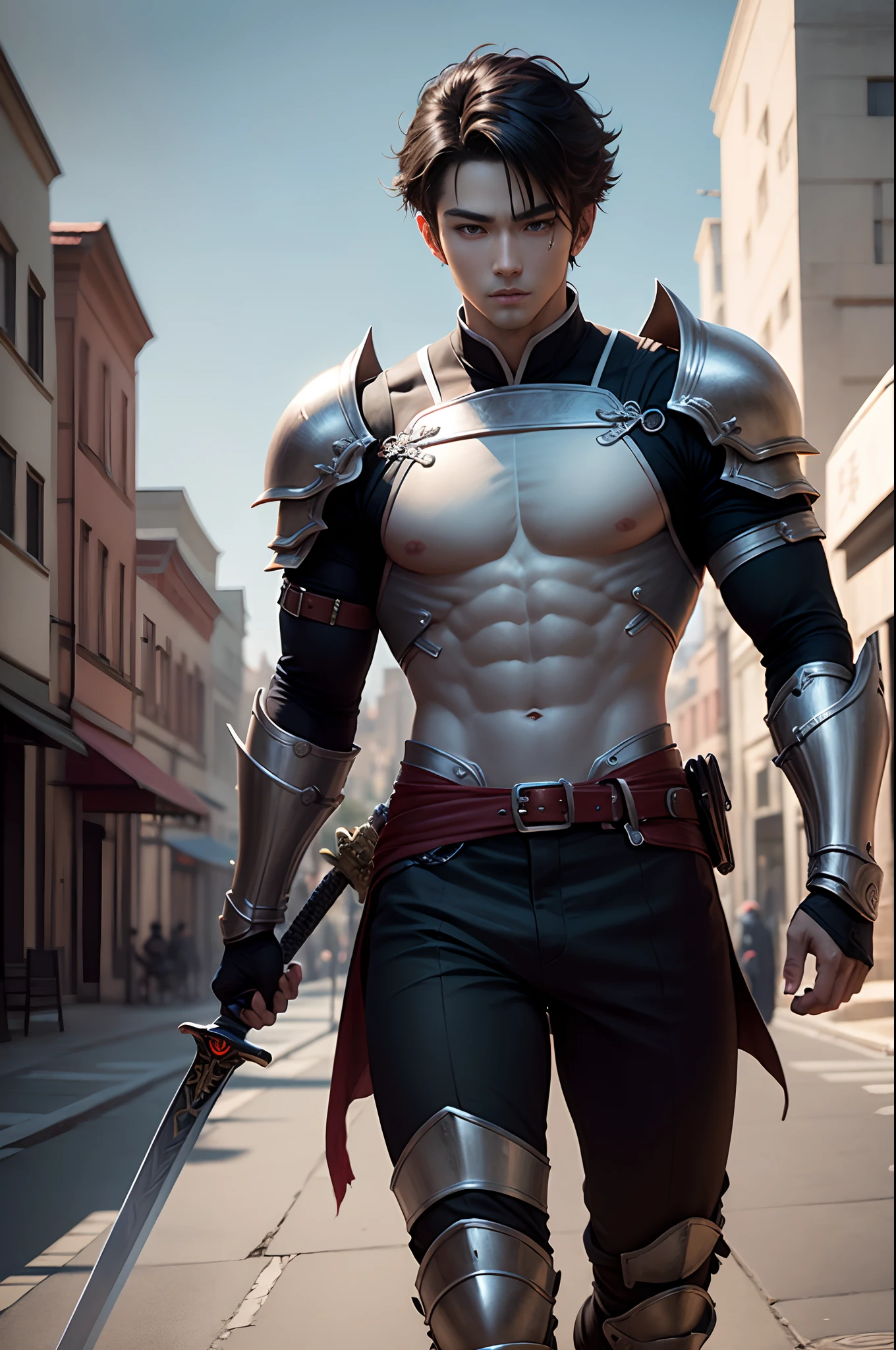 8K,Photorealsitic　Raw photography　top-quality;1.4) 　(1 Juvenile Attendant)　Super handsome use　(Lifelike face)　Shonen Demon Slayer　Black and red special forces costume　Black pants　Leggers Armor　Beautiful expression　超A high resolution　A smile　accurate detail　real looking skin　Equip a sword at the waist　In sword and armor in a city setting by Jan J, Handsome Boy in Demon Slayer Art, G Liulian art style, chengwei pan on artstation, yangjun chen, Zhao Yun, Inspired by Zhang Senyao, by Leng Mei, by Victor Wang, xianxia hero, by Zhou Fang, by Yang Jin