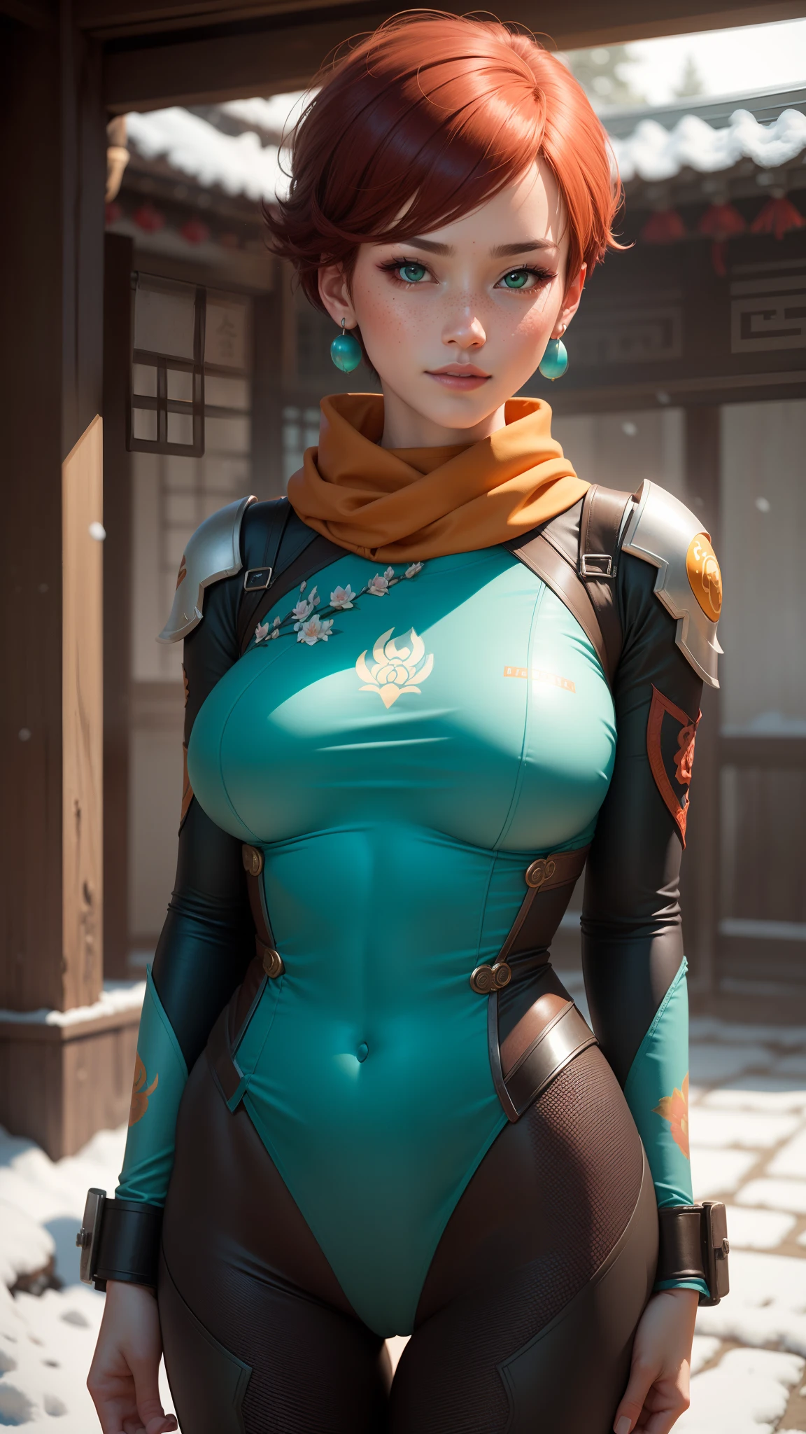 gwen tennyson,tracer,chun-li,rebecca chambers,overwatch,gundam,1girl,close up,mecha pilot,chinese garden,orange and rose plugsuit,chinese hair pin,pirate corset,silver long sleeve lycra top,silver leggings,short hair,cute makeup,green eyes,orange and aqua hair,shy smile, freckles,redhead,beautiful girl,large breasts,ultra detailed,realistic,fantasy art,chinese dress,chinese armor,snow scarf,feudal era,lotus river,neon aqua earrings,