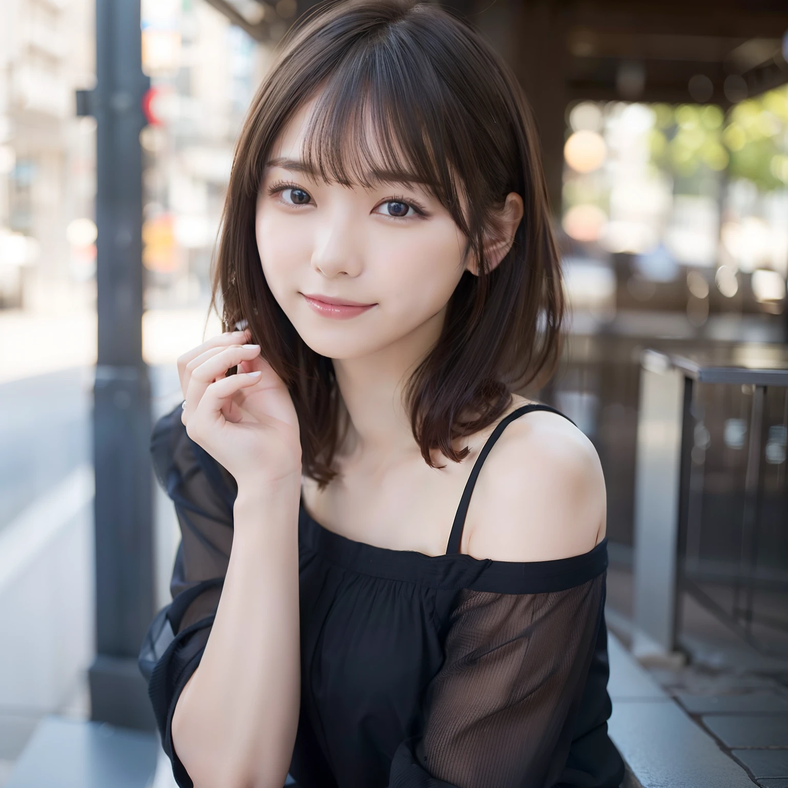 in 8K,Best Quality:1.4, 超A high resolution:1.5, (Photorealistic:1.4),​masterpiece:1.2,(top-quality:1.4)、 Raw photo、 (the background is blurred),  1日本人の女の子, Cute, (Solo:1.4), (Shy smile), Smooth skin、 (Brown shorthair,Bangs),Supple fingertips,Beautiful black eyes、dual、natural skin textures:1.3, realistic eyes and face details:1.7、middlebreasts、during daytime、Toned buttocks:1.5、gazing at viewer,The photographer is３ｍpostpone, Upper body:1.8,(detailed hairs:1.1), (Detailed eyes:1.1)、cute little、Dating scene、Dating Men、I am a girl、Date Clothes、Cute clothes