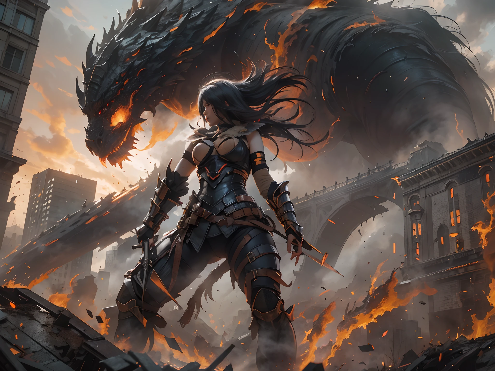 Photo of a female hero in shining armor, Fight giant monsters made of thick black smoke, Set in a cityscape with fiery buildings, Some collapsed, And the sky was filled with thick smoke. Stabbing the Monster