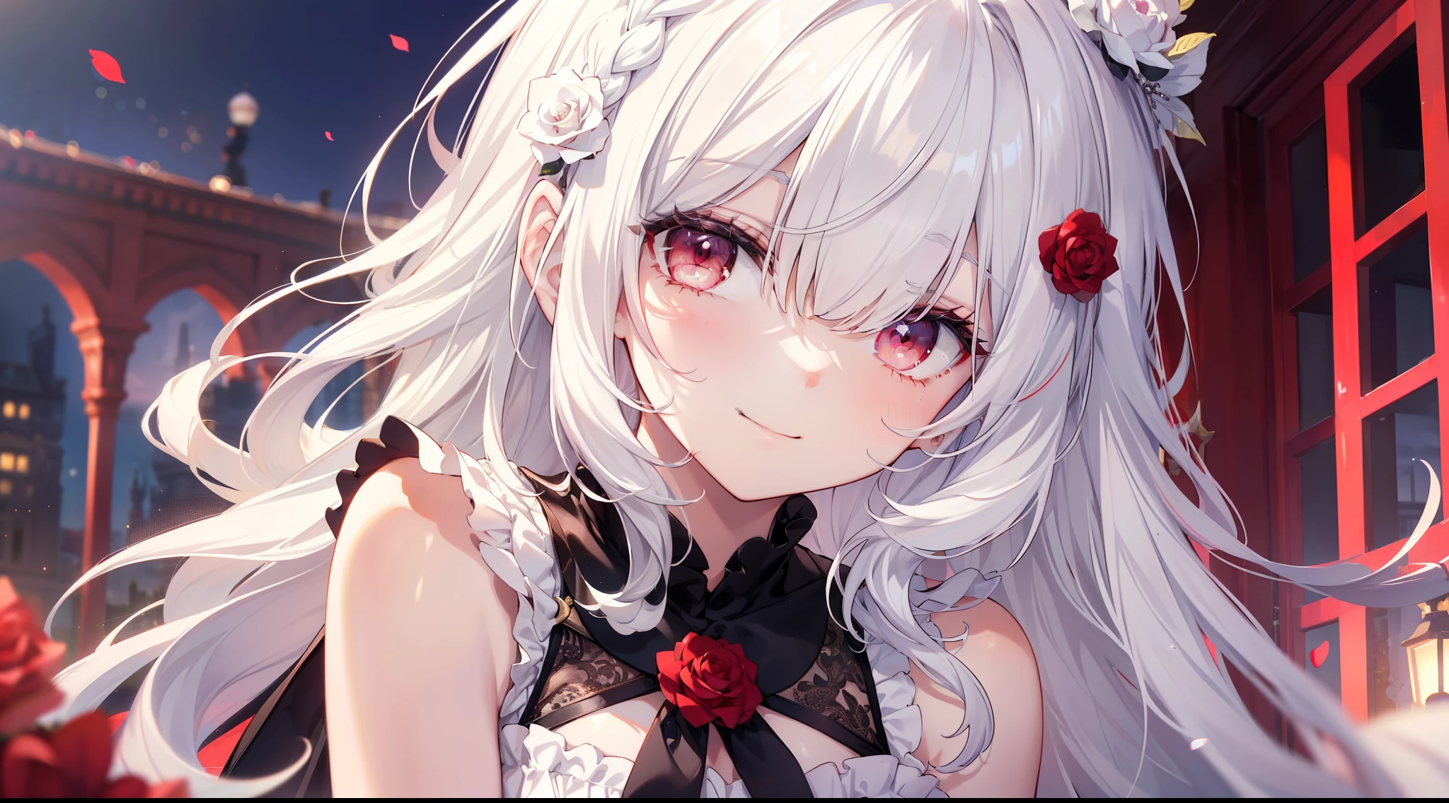(limited palette), best quality, (((masterpiece))), (((beautiful detailed hair))), (((beautiful detailed skin))), solo,  girl, younger, loli, (white hair))), red eyes, (mascara), blunt bangs, ((hair over eyes)), long hair, medium breasts, frilled white dress, white frills, too many frills, rose, noble, loyal, brides hair head, (((eye focus))), (((express happy))), blurry background, happy eyes, happy eyes, (red theme), bedroom background, looking at viewer, (((hair tucking))), (((night))), half-closed eyes, close-up, (((hair ornament))), upright body, Neatly cut bangs, braided hair behind head, sleeveless dress,
