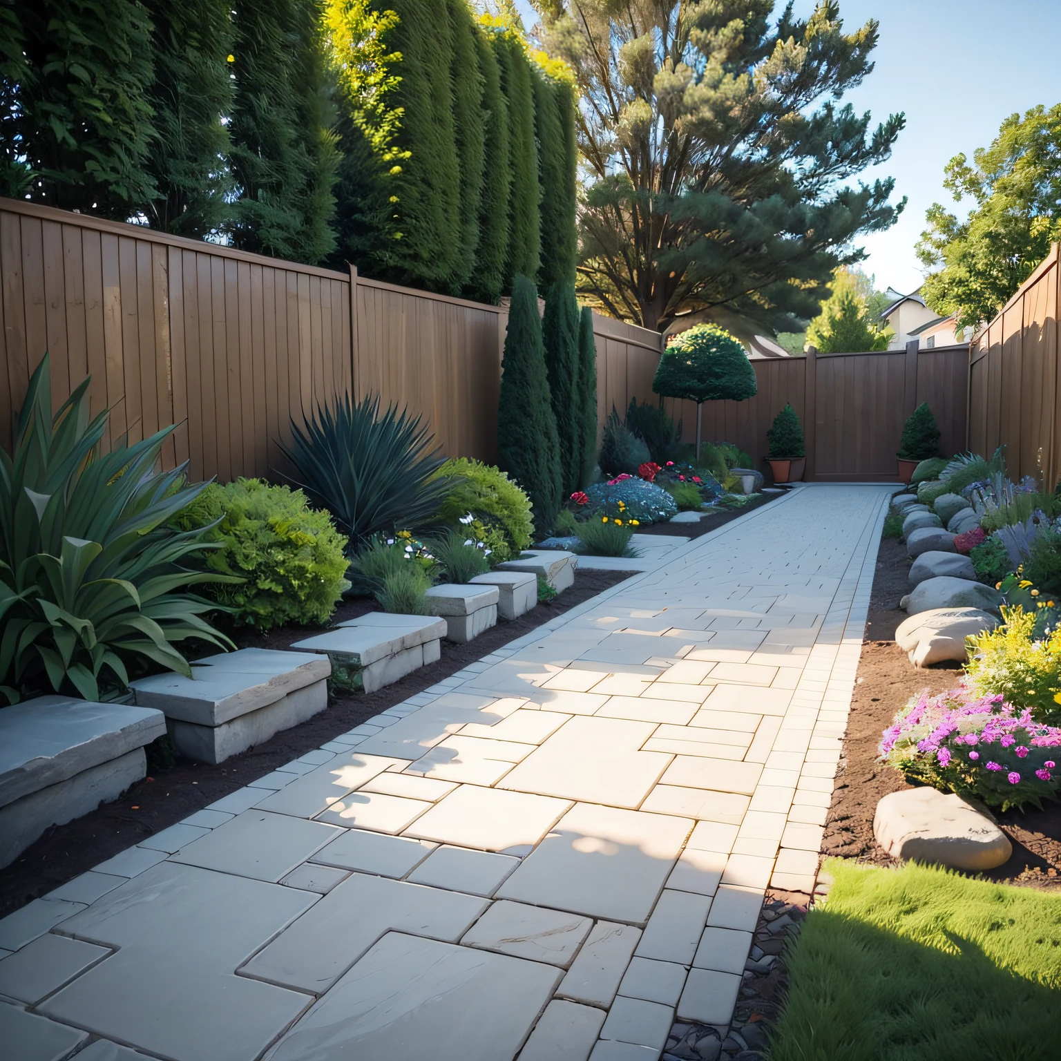 Front yard low maintenance landscape design with Paving Stones and Gravel Pathways