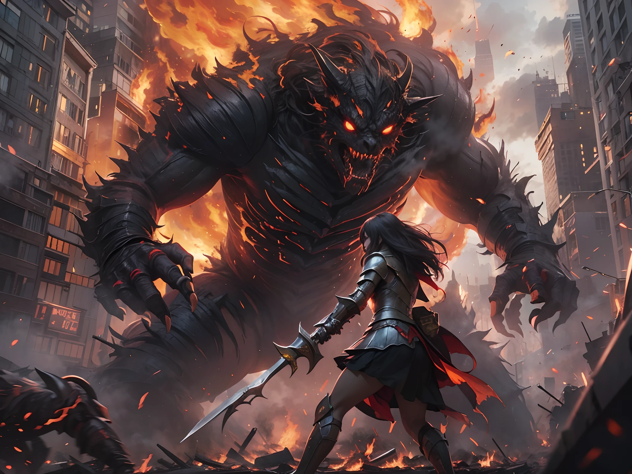 Photo of a female hero in shining armor, Fight giant monsters made of thick black smoke, Set in a cityscape with fiery buildings, Some collapsed, And the sky was filled with thick smoke. Stabbing the Monster