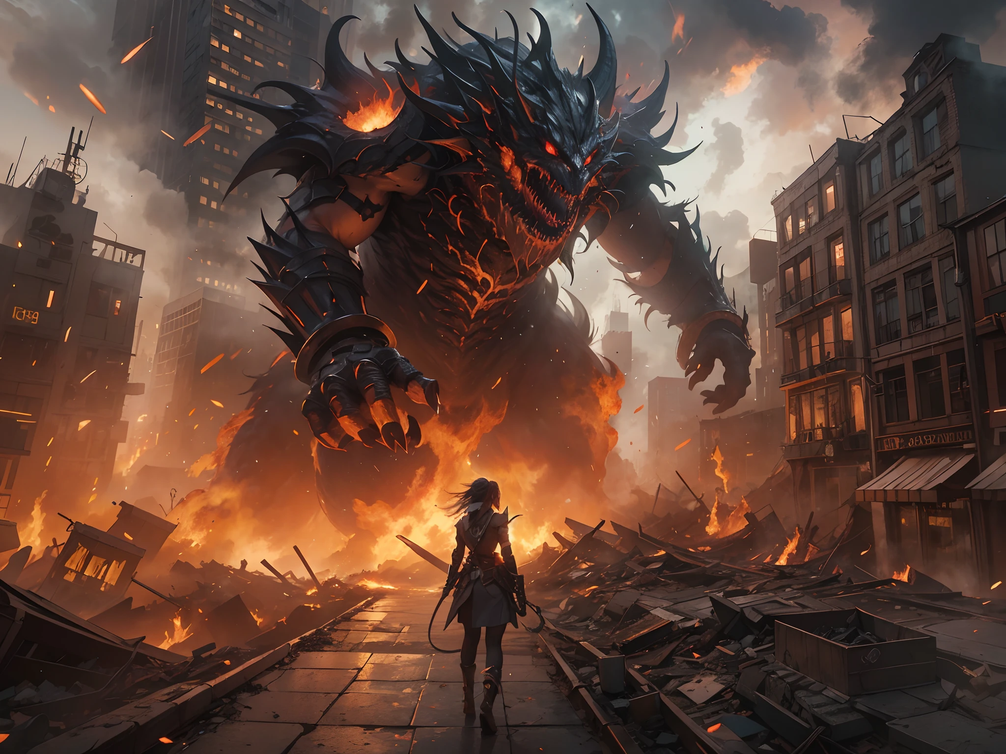 Photo of a female hero wearing radiant armor, battling an immense monster made of dense black smoke, set in a cityscape with fiery buildings, some collapsed, and the sky filled with thick smoke.