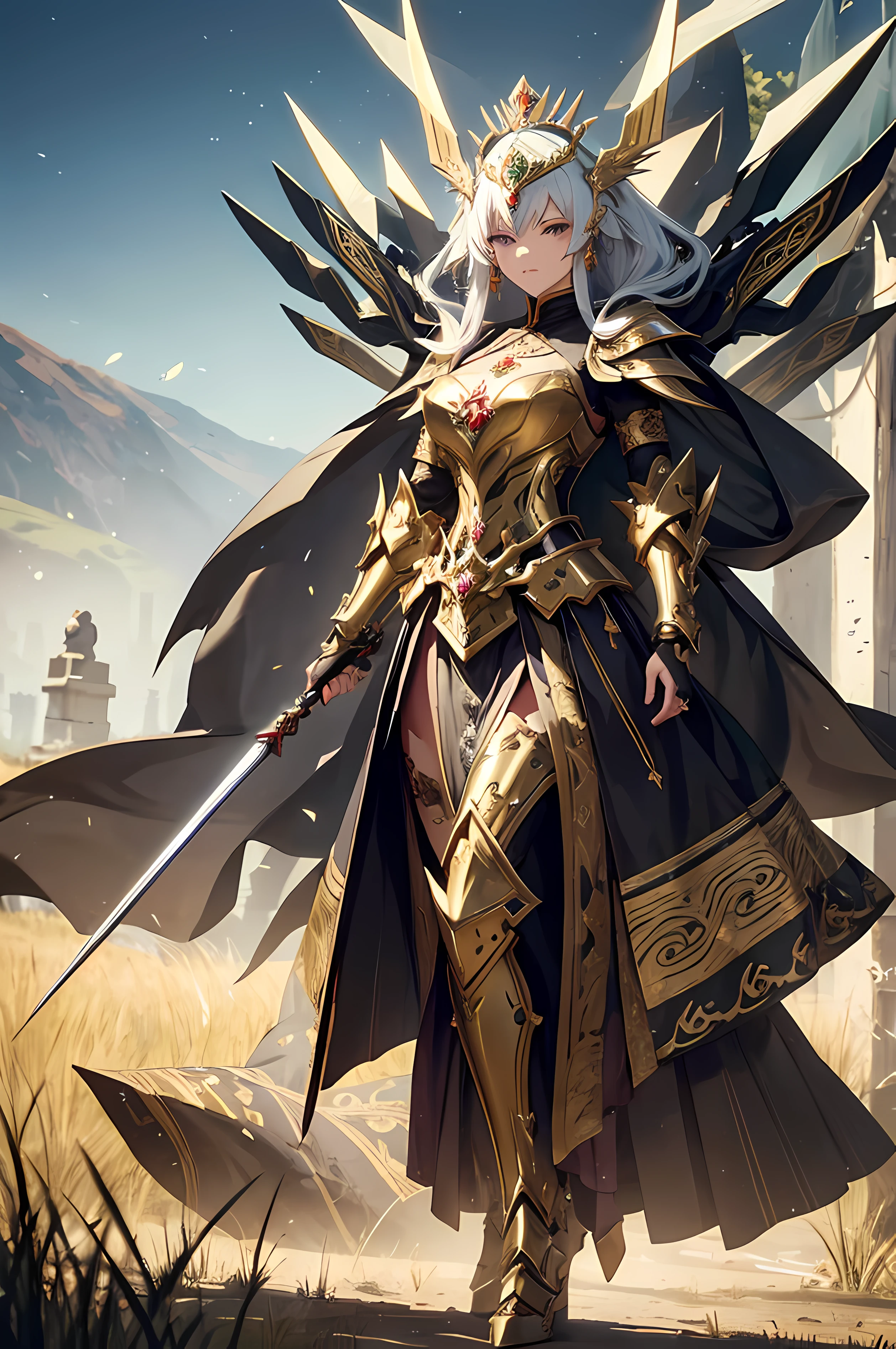 Empress puppet, fine armor, intricate design, creative details, silk, cinematic lighting, 4k, floating hair, sharp, prism, shining knight, royal, face mask , full body frame, grassland background, happy, wuxia, berserker pose, mecha style