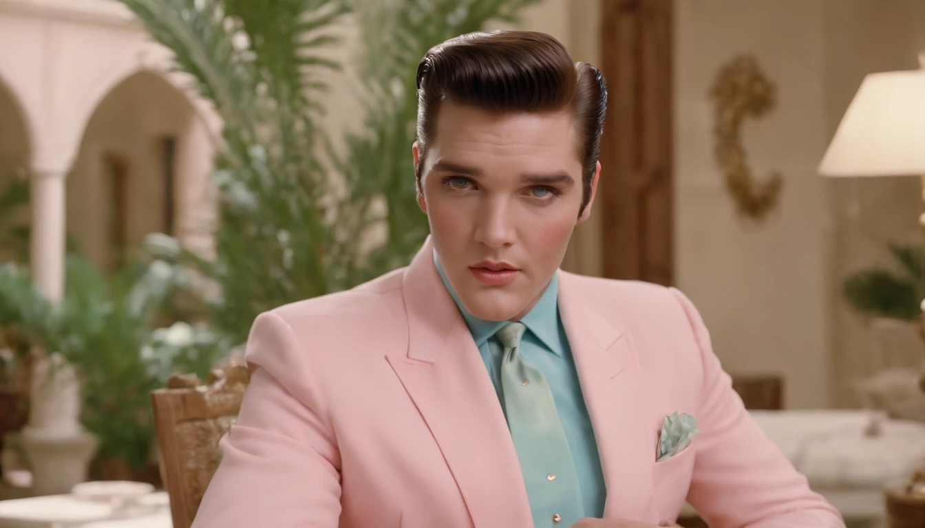 8k portrait of elvis presley in office Facing a desk wearing extravagant retro fashion outfit in a 1960s science fiction film by Wes Anderson, Vogue anos 1960, pink pastel colors, amarelo, azul, verde, Luz Natural, Psicodelia, futurista estranho, fotorrealista, hiper detalhado, foco nítido, Intrinsic, Fuji filmes 55mm high definition, palm trees, mansion, doll house style, corvette 1956 pink,