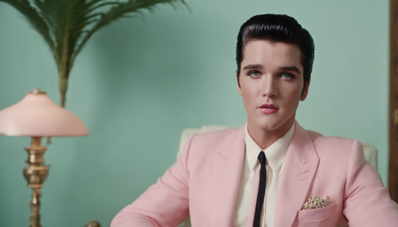 8k portrait of elvis presley in office Facing a desk wearing extravagant retro fashion outfit in a 1960s science fiction film by Wes Anderson, Vogue anos 1960, pink pastel colors, amarelo, azul, verde, Luz Natural, Psicodelia, futurista estranho, fotorrealista, hiper detalhado, foco nítido, Intrinsic, Fuji filmes 55mm high definition, palm trees, mansion, doll house style, corvette 1956 pink,