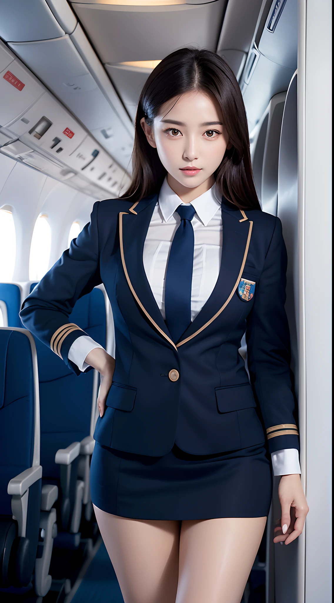 (8k, RAW photo, best quality, masterpiece: 1.2), (realistic, photorealistic: 1, .37), beautiful, Japan person, cabin attendant uniform, woman, on board the plane, professional lighting, photon mapping, torn, big, very small in size knitted tips protruding, areola protruding, pubic shape clearly visible, gal, a lot of lashes, Lame on eyelids, lips, heels, slender, open crotch, large and spilling out of uniform