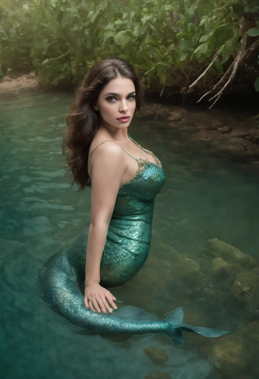 mulher (bela mulher), corpo com escamas de peixe, cintura para baixo (cauda de peixe), pernas (uma cauda de peixe), Being mystical, fantasia (sereia, sereia), coming out of the water, na floresta,  (Realistic fantasy rendering in a forest swamp:1.0), foto retrato pintura fosca, Uma foto realista, (lusciousness:1.3), the legs are fishtail, (escamas de peixe:1.5), cauda de peixe (pernas), pernas (uma cauda de peixe), be legendary (sereia, mermaid),busty