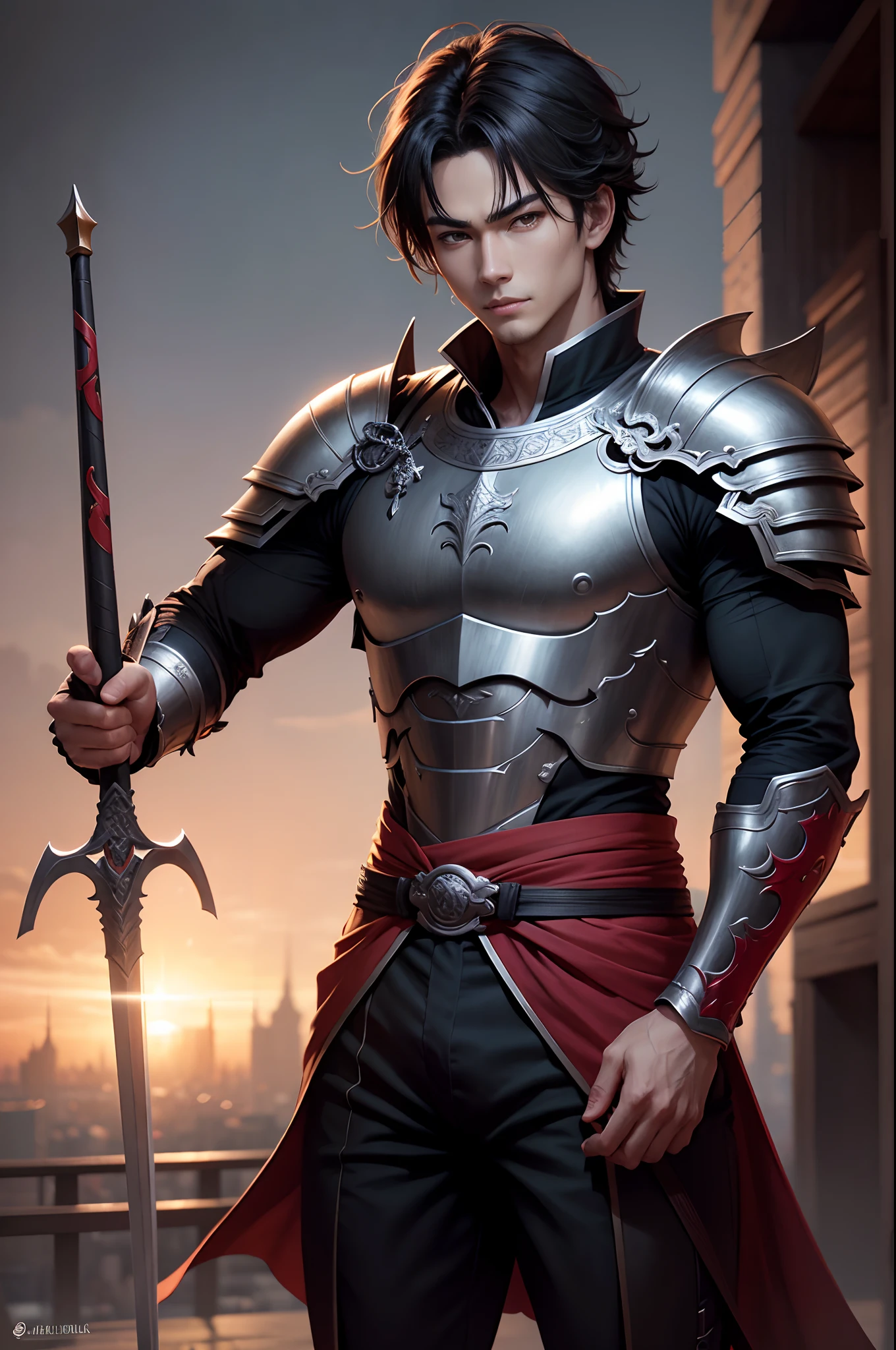 8K,Photorealsitic Raw photography top-quality;1.4) (1 Juvenile Attendant) Super handsome use (Lifelike face) Shonen Demon Slayer Modern special forces costumes in black and red Black pants Leggers Armor Beautiful expression 超A high resolution A smile accurate detail real looking skin Equip a sword at the waist In sword and armor in a city setting by Jan J, Handsome Boy in Demon Slayer Art, G Liulian art style, chengwei pan on artstation, yangjun chen, Zhao Yun, Inspired by Zhang Senyao, by Leng Mei, by Victor Wang, xianxia hero, by Zhou Fang, by Yang Jin