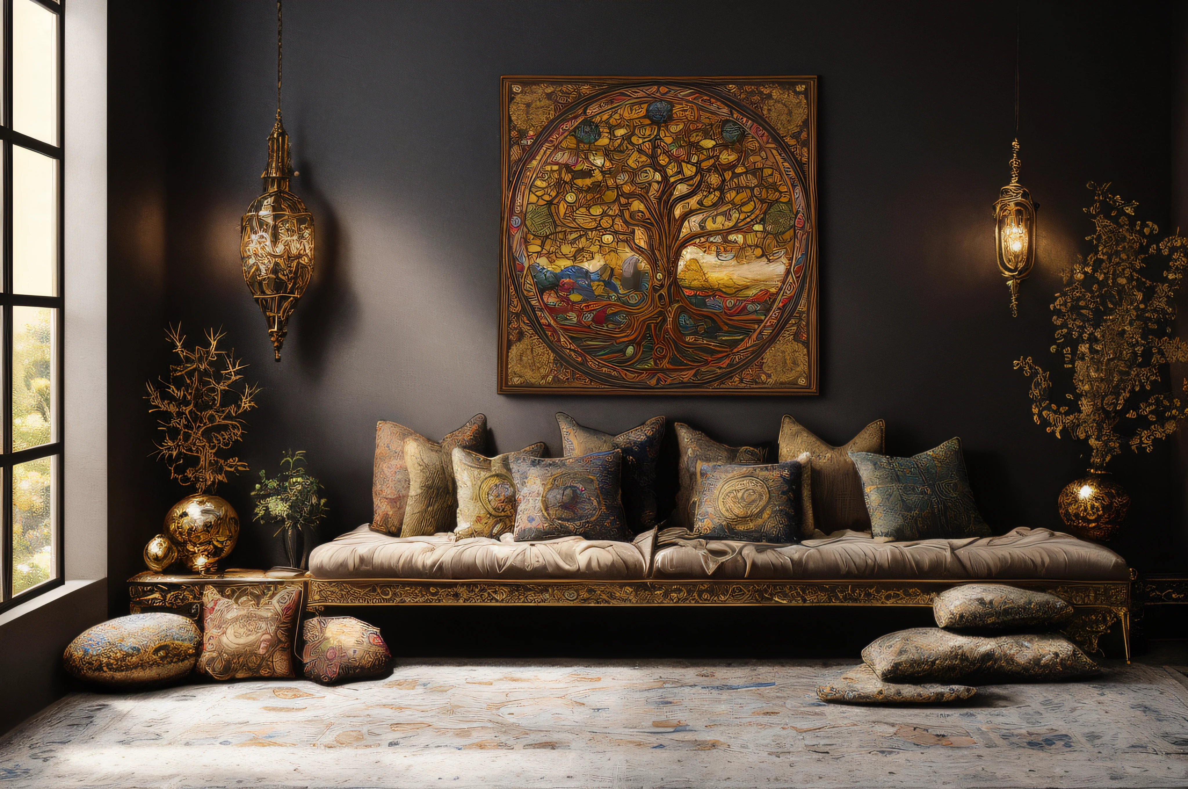 there is a couch with pillows and pillows on it in a room, golden twilight stained glass, golden sacred tree, tree of life, tapestries of dreams, the tree of life, intricate tapestry, tree of life seed of doubt, highly detailed fine art, mystical setting, canvas art, 4 k highly detailed art, intricate oil painting artwork, masterpiece work of art