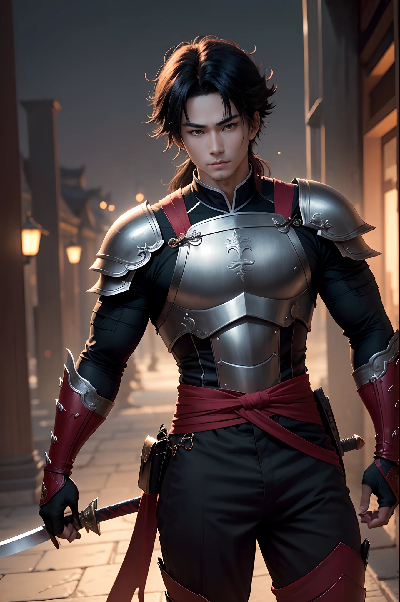 8K,Photorealsitic Raw photography top-quality;1.4) (1 Juvenile Attendant) Super handsome use (Lifelike face) Shonen Demon Slayer Modern special forces costumes in black and red Black pants Leggers Armor Beautiful expression 超A high resolution A smile accurate detail real looking skin Equip a sword at the waist In sword and armor in a city setting by Jan J, Handsome Boy in Demon Slayer Art, G Liulian art style, chengwei pan on artstation, yangjun chen, Zhao Yun, Inspired by Zhang Senyao, by Leng Mei, by Victor Wang, xianxia hero, by Zhou Fang, by Yang Jin
