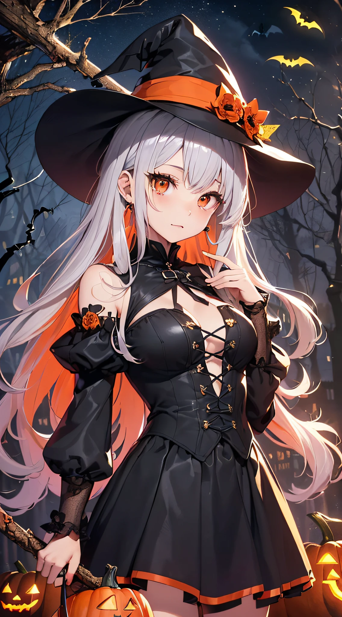top-quality、Top image quality、​masterpiece、s girl((18year old,Black Wizard Hat、Black and orange clothes,Orange and black skirt、Orange muffler,Best Bust、Bust 85、Golden hair、Longhaire,Silver Eye、open chest wide、Valley、Happiness、A slender、Blood coating、Emphasis on the chest、Bats tattoo、Wooden sticks)）hiquality、Beautiful Art、Background with((natta、dark sky、Halloween at night、the bats、pumpkins,Nightmare、Halloween、in woods))、masutepiece、Elaborate design、visualart、Theater Screen、