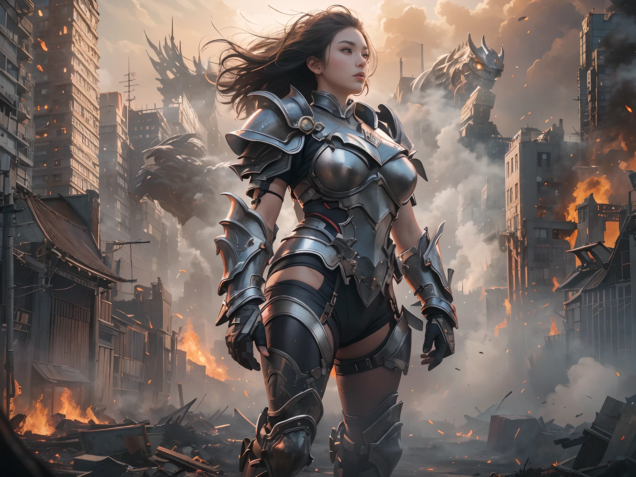 8k, top-quality, （pubic hair beauty）、hight resolution, realisticlying, realperson, Hero wearing glowing armor fighting black smoke and assimilated monsters The hero is a woman in a building street with fire and smoke rising、The building is collapsing