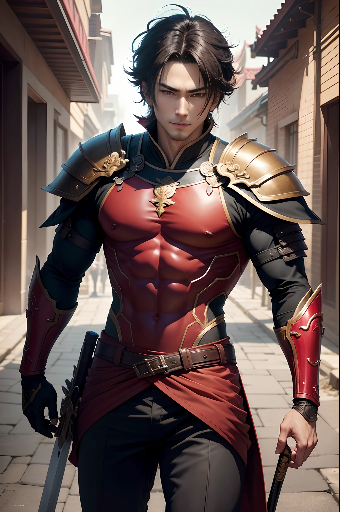 8K,Photorealsitic　Raw photography　top-quality;1.4) 　(1 Juvenile Attendant)　Super handsome use　(Lifelike face)　Shonen Demon Slayer　Modern special forces costumes in black and red　Black pants　Leggers Armor　Beautiful expression　超A high resolution　A smile　accurate detail　real looking skin　Equip a sword at the waist　In sword and armor in a city setting by Jan J, Handsome Boy in Demon Slayer Art, G Liulian art style, chengwei pan on artstation, yangjun chen, Zhao Yun, Inspired by Zhang Senyao, by Leng Mei, by Victor Wang, xianxia hero, by Zhou Fang, by Yang Jin