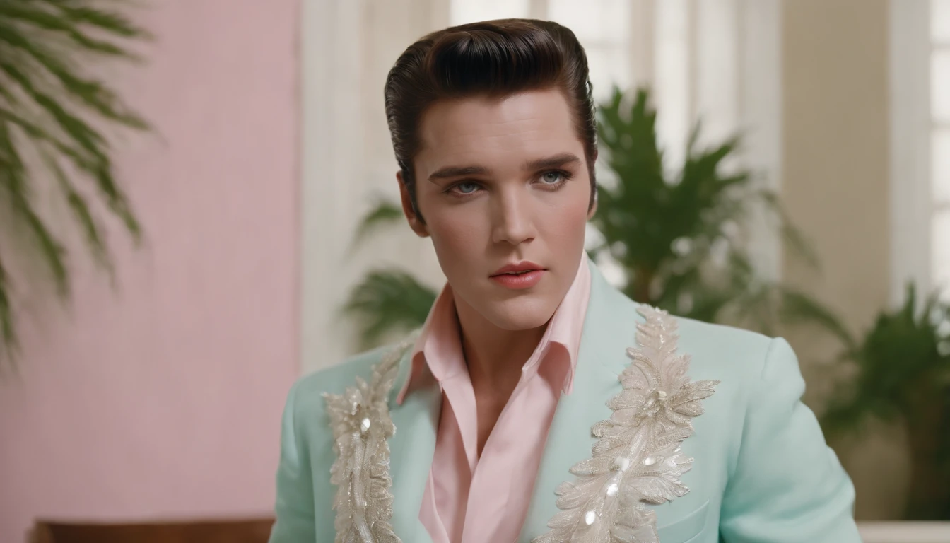8k portrait of elvis presley in office Facing a desk table full with papers  wearing extravagant retro fashion outfit in a 1960s science fiction film by Wes Anderson, Vogue anos 1960, pink pastel colors, amarelo, azul, verde, Luz Natural, Psicodelia, futurista estranho, fotorrealista, hiper detalhado, foco nítido, Intrinsic, Fuji filmes 55mm high definition, palm trees, mansion, doll house style, corvette 1956 pink,