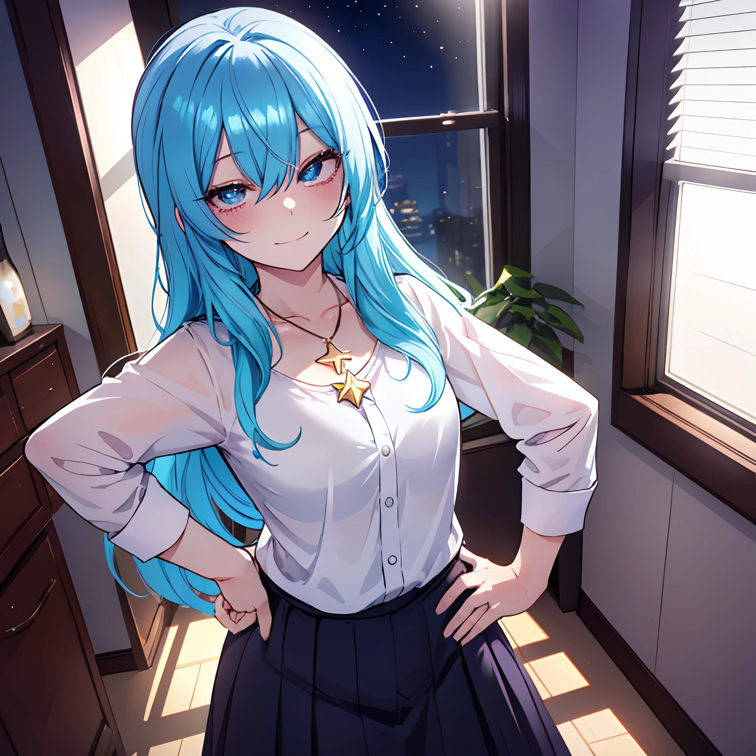 One girl, Loli, small breasts, cyan eyes, colored hair, dark blue hair, dark purple hair, long hair, white shirt, medium Black skirt, white gloves, golden star necklace, happy, seductive smile, in bedRoom, seductive expression, perverted expression, window, night, taking picture, selfie, standing, hand on hand on hip,