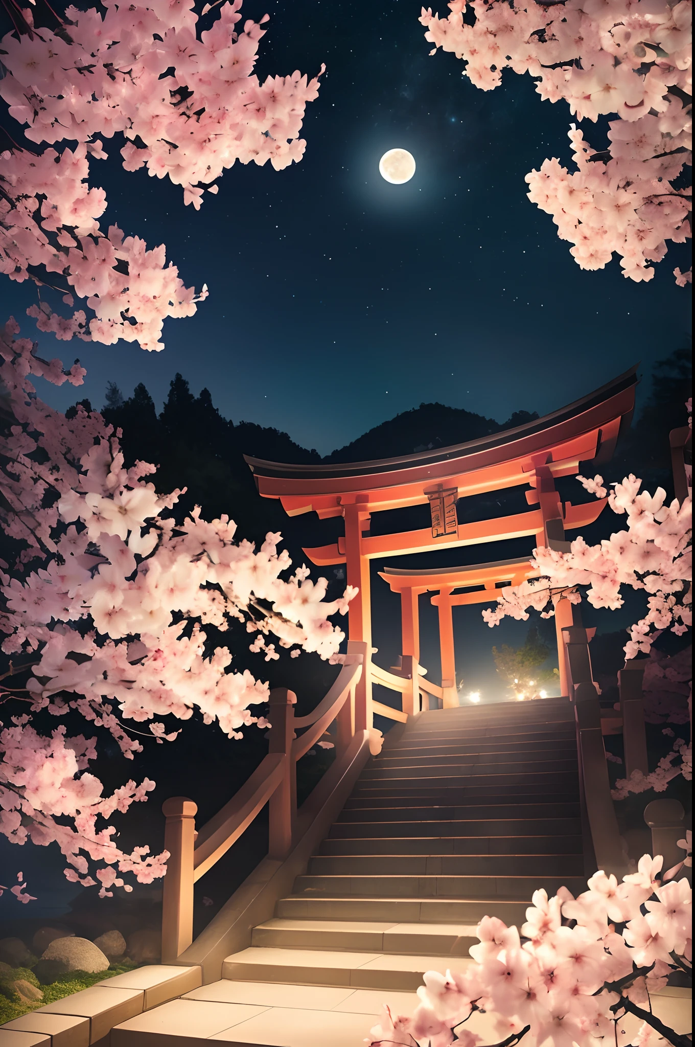 (Ultra-detailed,Photorealistic:1.37) Landscape with a thousand torii gates, cherryblossom, Stairs to the sky, Floating in the air. Stairs are transparent, Get a glimpse of the night sky. The scene is set at night, A stunning night view with vivid colors. Torii gates are made with great care、Intricately designed, Create a breathtaking sight. Cherry blossoms add a touch of elegance and beauty to the scene, Delicate petals gently fall into the air. The sky is full of stars, Create a magical dreamy atmosphere. The moon shines brightly, Illuminate the landscape with a soft, ethereal light. The overall atmosphere is calm and peaceful, Invites viewers to immerse themselves in the mesmerizing beauty of the scene. The style of painting is reminiscent of traditional works of art of Japan, Add an artistic and poetic touch to your images.