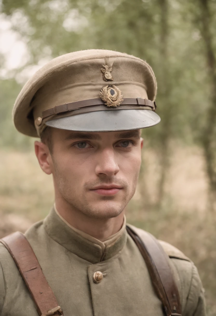 A French soldier, World War 2, teint clair, environ 25 ans, cheveux blonds naturels, Yeux verts, dans un village en ruines