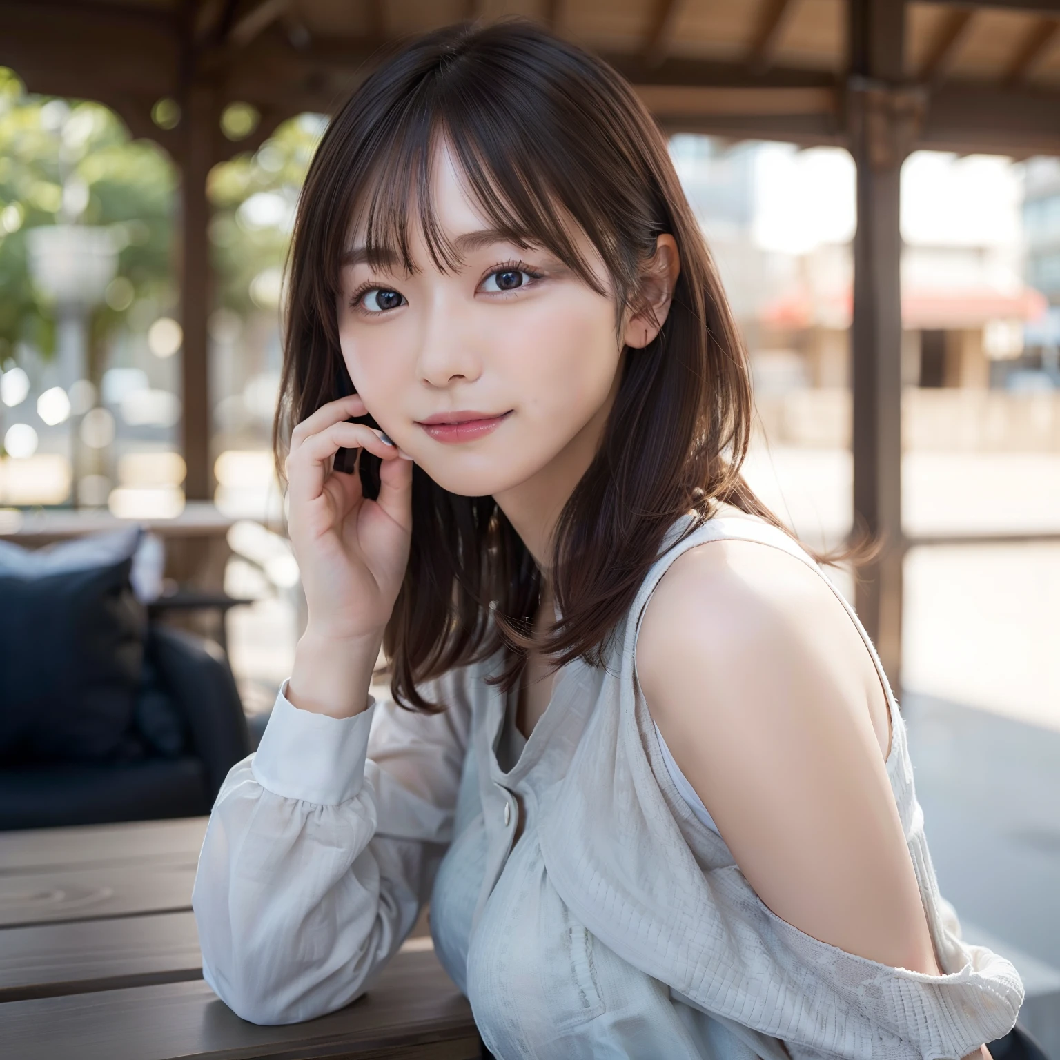 in 8K,Best Quality:1.4, 超A high resolution:1.5, (Photorealistic:1.4),masterpiece:1.2,(top-quality:1.4)、 Raw photo、 (the background is blurred), 1日本人の女の子, Cute, (Solo:1.4), (Shy smile), Smooth skin、 (Brown shorthair,Bangs),Supple fingertips,Beautiful black eyes、dual、natural skin textures:1.3, realistic eyes and face details:1.7、middlebreasts、during daytime、Toned buttocks:1.5、gazing at viewer,The photographer is3mpostpone, Upper body:1.8,(detailed hairs:1.1), (Detailed eyes:1.1)、cute little、Dating scene、Dating Men、I am a girl、Date Clothes、Cute clothes