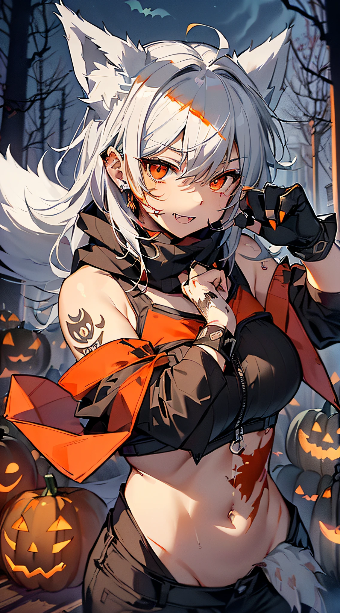 top-quality、Top image quality、masterpiece、s girl((18year old,Black and orange tank top,Orange and black shorts、orange scarf,Best Bust、Bust 85、Silver hair、Longhaire,Red Eyes、open chest wide、Valley、Happiness、A slender、Blood coating、Emphasis on the chest、Wolf tattoo、wolf ear、Wolf tail、excited expressions、Wolf gloves、nails are growing、Cute wolf,Slouched、claw pose、White fangs、Blood around the mouth))hiquality、Beautiful Art、Background with((natta、dark sky、Halloween at night、the bats、pumpkins,Nightmare、Halloween、in woods))、masutepiece、Elaborate design、visualart、Theater Screen、