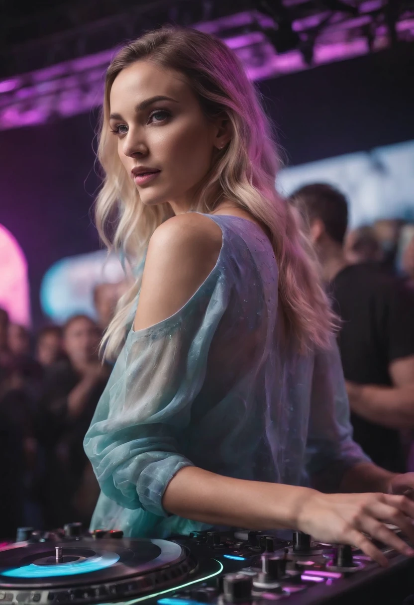 ((masterpiece:1.3)), ((best quality:1.3)), ((ultra_detailed:1.3)), luminous design, pastel colors, ink drips, DJ, close-up shot of upper body, observing the crowd, In this mesmerizing visual composition, a woman takes center stage, surrounded by a luminous design that radiates with vibrant pastel colors. The design seems to come alive, with ink drips cascading down, adding an ethereal touch to the scene. The woman, a DJ, is captured in a close-up shot of her upper body, standing behind the decks. Her gaze is fixed upon the crowd, observing their every move. The intensity in her eyes reflects her deep connection with the music and the energy of the crowd. The composition is meticulously detailed, with every intricate pattern and color gradient of the luminous design rendered with precision. The pastel colors create a dreamlike atmosphere, enhancing the enchanting aura of the scene. The ink drips add a touch of unpredictability and creativity, symbolizing the fluidity and artistry of the DJ's craft. As the DJ observes the crowd, the energy in the room is palpable. The crowd is a blur of movement, with hands raised and bodies swaying to the rhythm. The DJ's presence is magnetic, guiding the energy of the room with her music selection and skillful mixing. This composition is a true masterpiece, capturing the fusion of music and visual art in a captivating and immersive way. It celebrates the creativity and passion of DJs, while inviting viewers to be part of the electrifying atmosphere of a live performance.