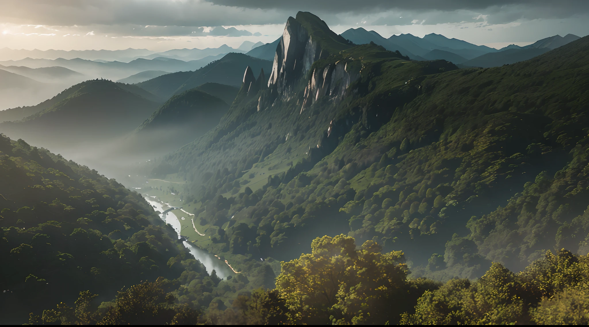 ((realistic, gloomy, high detail, volumetric light)), (forest), ((mountains on the background)), ((view from above)), (photorealistic landscape)