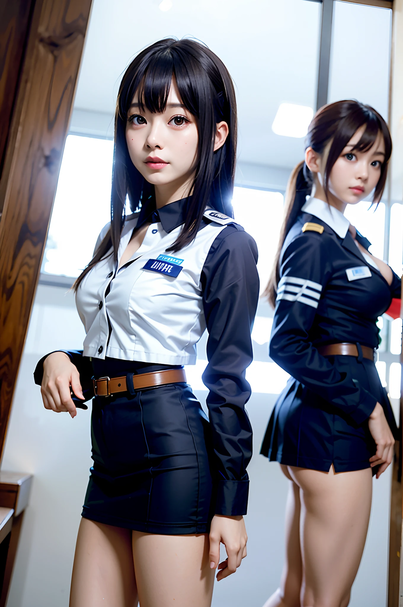 masterpiece, top-quality、Raw foto, Photorealsitic、2 Maidens、a 25yo woman、Walking in Shibuya for two、Halloween、(Policewoman uniform:1.3)、a miniskirt、A smile、People around you々The costume、Smaller chest、Small butt、Reflecting the whole body、unbelievable Ridiculous、depth of fields, hight resolution, ultra-detailliert, foco nítido, Cinematic lighting、Add highlights to the eyes