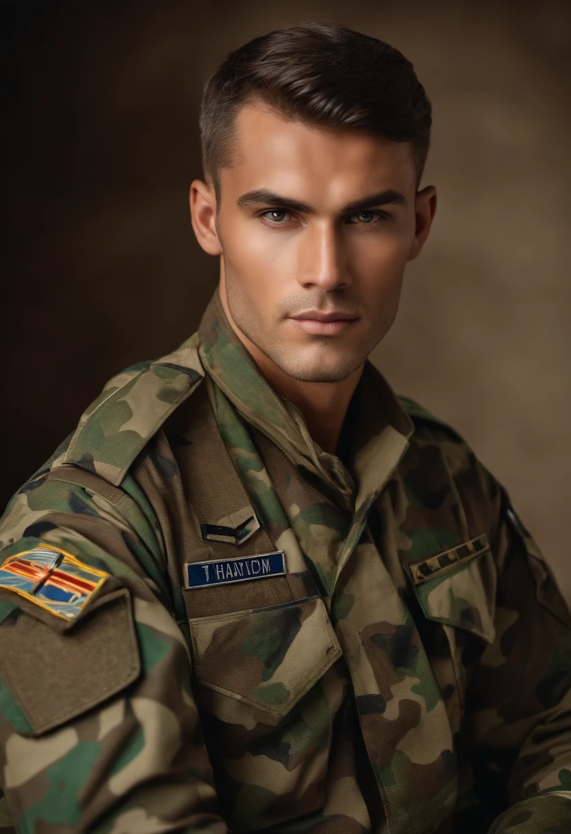 homem com uniforme militar camuflado, olhando por uma telescopio de topogarfia
