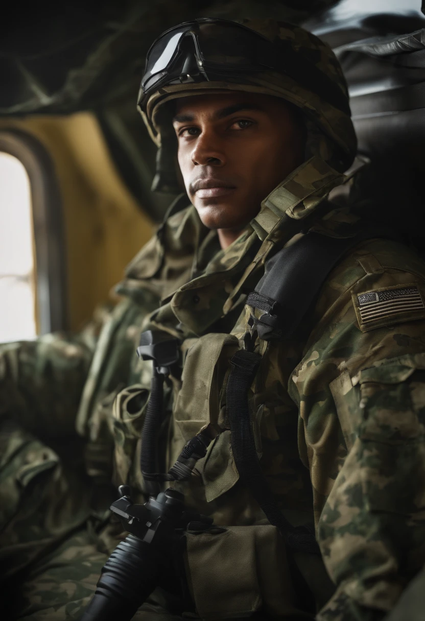 homem com uniforme militar camuflado, olhando por uma telescopio de topogarfia