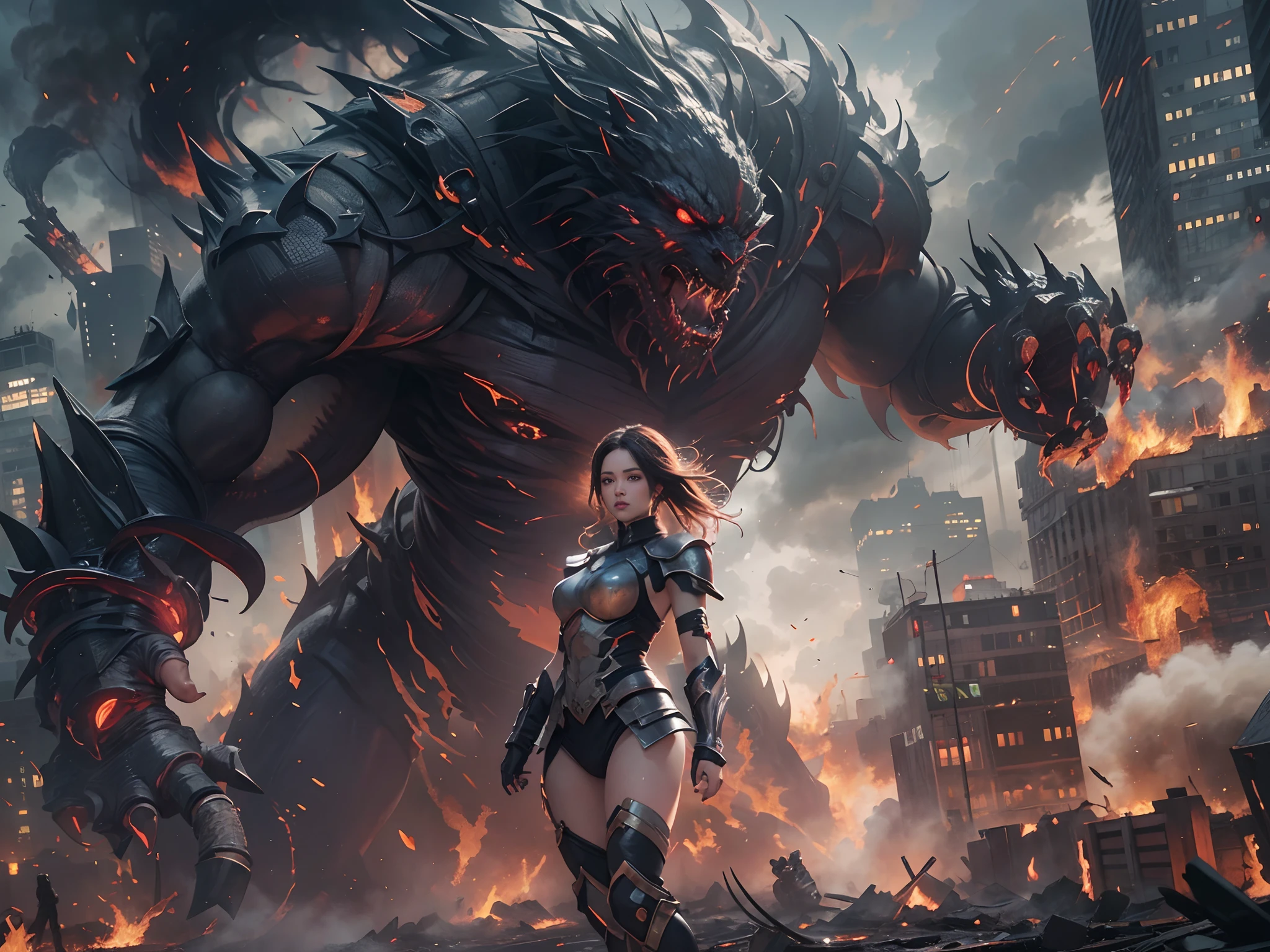8k, top-quality, (pubic hair beauty)、hight resolution, realisticlying, realperson, Photo of a female hero in shining armor, Fight giant monsters made of thick black smoke, Set in a cityscape with fiery buildings, Some collapsed, And the sky was filled with thick smoke.