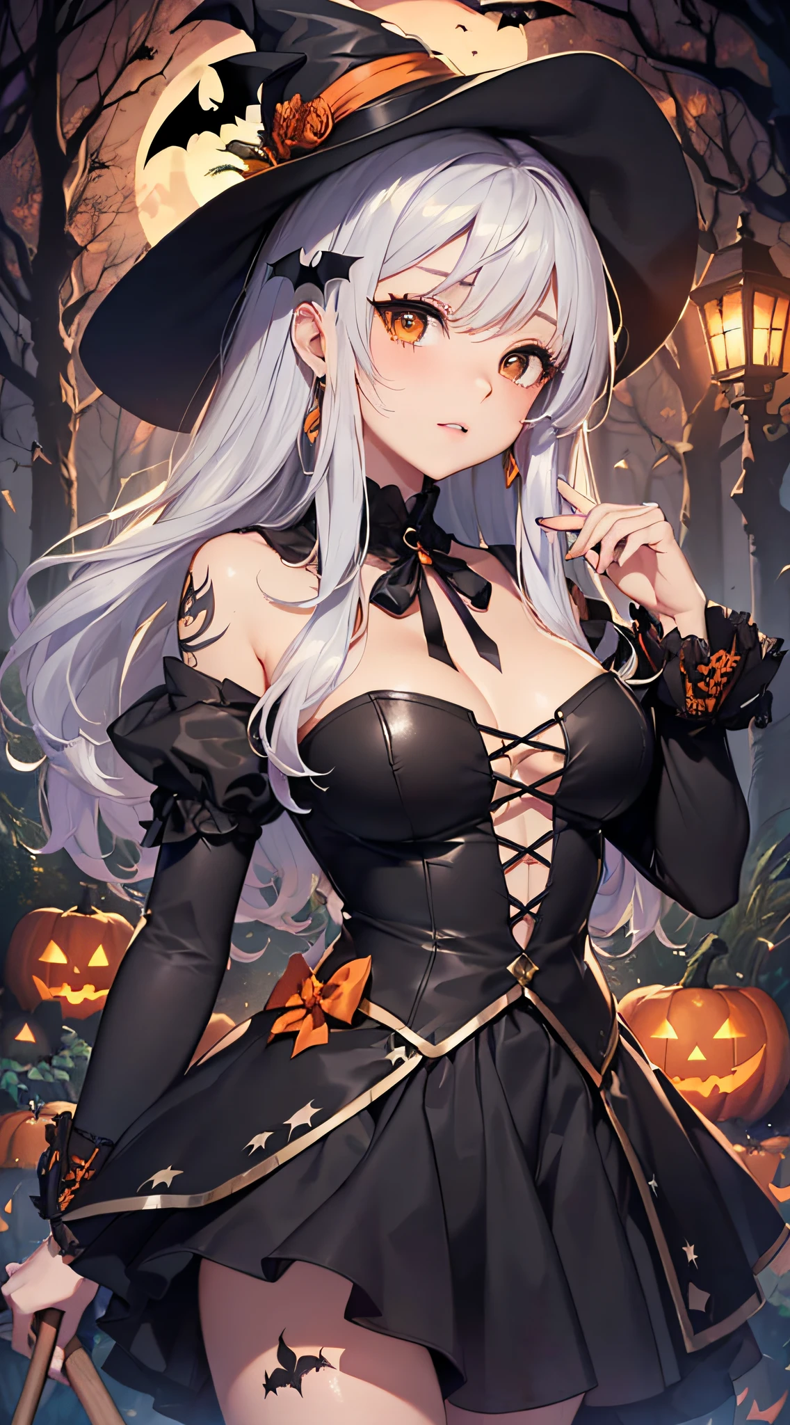 top-quality、Top image quality、​masterpiece、teens girl((18year old,Black Wizard Hat、Black and orange sexy clothes,Orange and black skirt、Orange muffler,Best Bust、Bust 85、Golden hair、Longhaire,silver eye、open chest wide、Valley、Happiness、A slender、Blood coating、Emphasis on the chest、Bats tattoo、Wooden broom)）hiquality、Beautiful Art、Background with((natta、dark sky、Halloween at night、the bats、pumpkins,Nightmare、Halloween、in woods))、Depth(Beautiful black house),masutepiece、Elaborate design、visualart、Theater Screen、