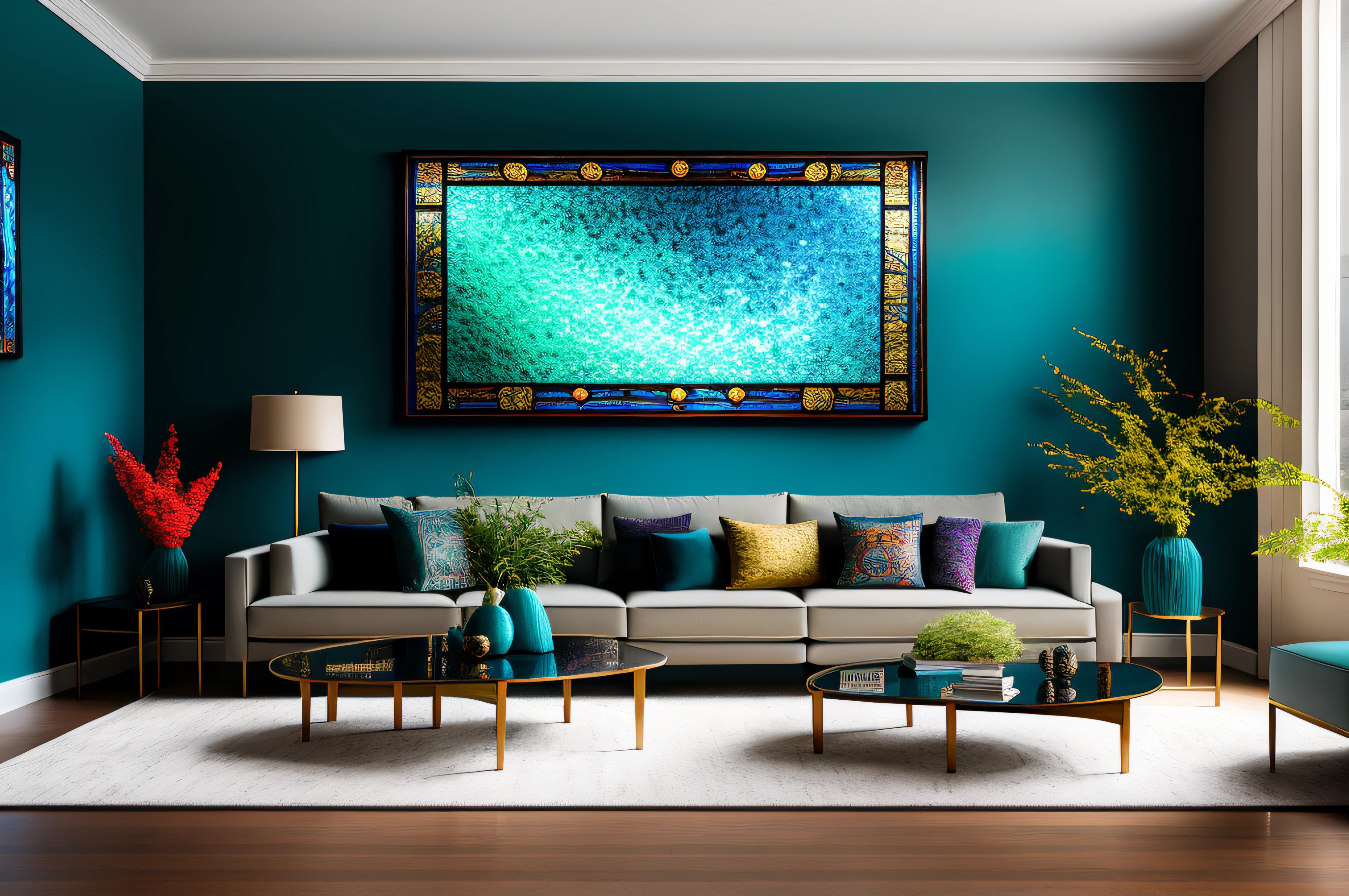 arafed living room with a blue couch and a large painting, stained glass art, insanely detailed art, dark teal couch, extremely high quality artwork, mosaic style, high quality gloss art, inspired by Louis Comfort Tiffany, intricate oil painting artwork, breathtaking masterpiece of art, glowing hue of teal, designer art, intricate artwork masterpiece, large painting, living room wall background