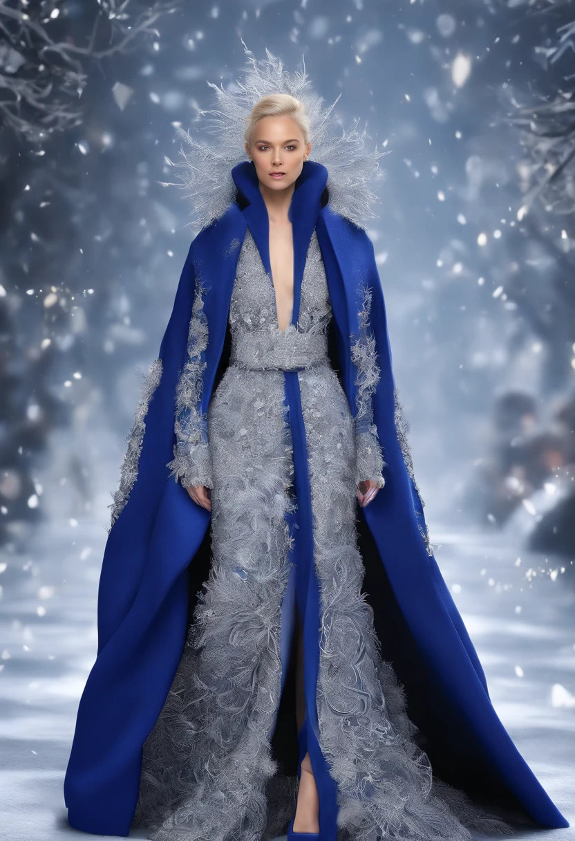 (Winter haute couture show), Senior model,Long hair,(Silver hair fluttering:1.2),dressed in( Royal Blue,royal blue),(Premium cashmere oversized sweater,coat large,Manteau)(robe), (Multi-layered complex skirt) hyper HD, Masterpiece, Anatomically correct, Textured skin, Super detail, Award-Awarded, Best quality, 8K
background: snowflower,
Distant view, Catwalk, Realistic, Fantasyart,inside in room:Catwalk scene, (((Runway scene))), (Snowflakes in the background)