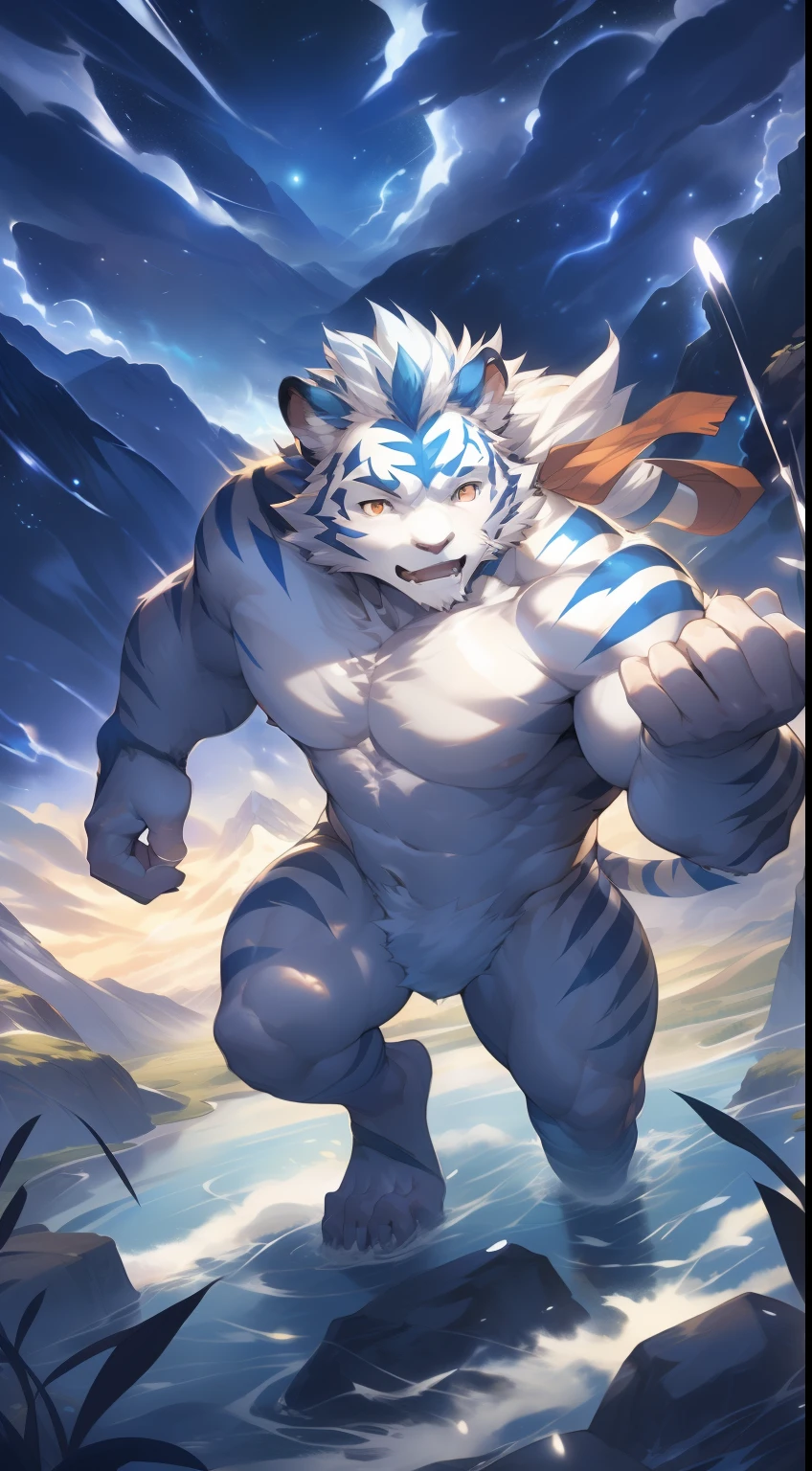 (by null-ghost, by thebigslick, By Darkgem, by Honovy), Kogenta (Onmyoji Oyamaji Temple), high-definition photograph, Perfect anatomy, Anthropomorphic white tiger, male people, 20yr old, Thick eyebrows, Light blue stripes, Strong body, large pecs, (Fully naked body:1.4), medium bulge, Pink milk clusters, He floats in the air,White clouds obscure the reproductive organs,one arm raised, Summon thunderbolts,(In the valley at night:1.5), serious expressions, Be red in the face, Golden pupils, Look down on the earth, Clear facial features, Strong, Solo, top views, Electric currents,fog atmosphere, Clouds,upper sky