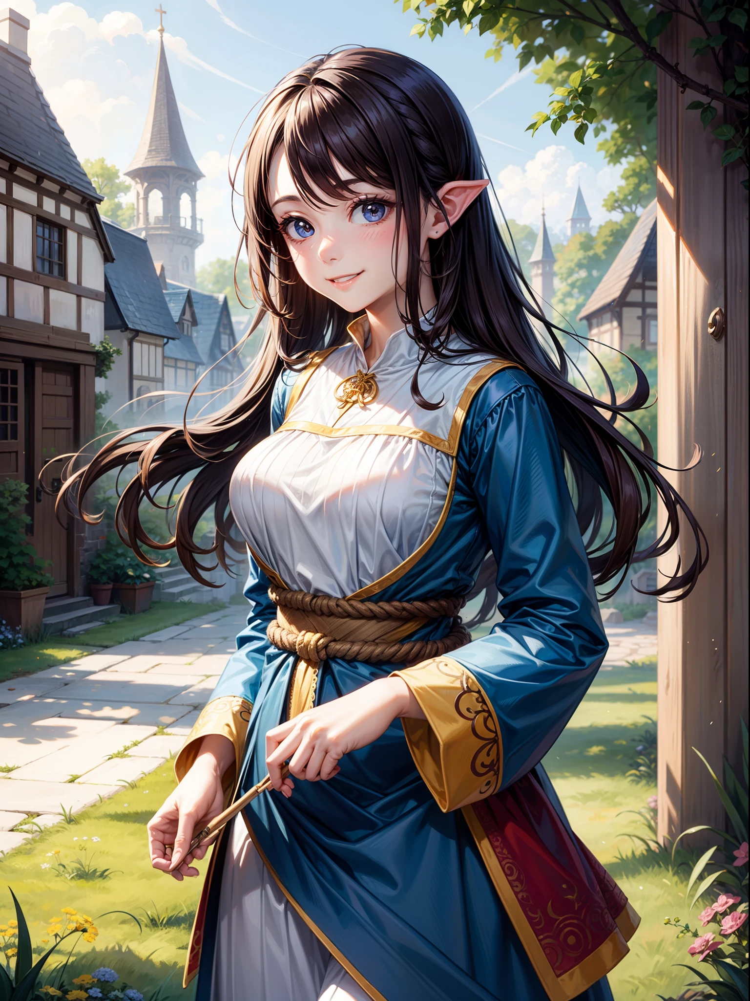 best quality, amazing intricate, cute girl, round eyes, happy, smile, medium breast, brown hair, long hair, , brushing hair, from front, upper body, toe-point, (fantasy folk costume:1.6), in a village
